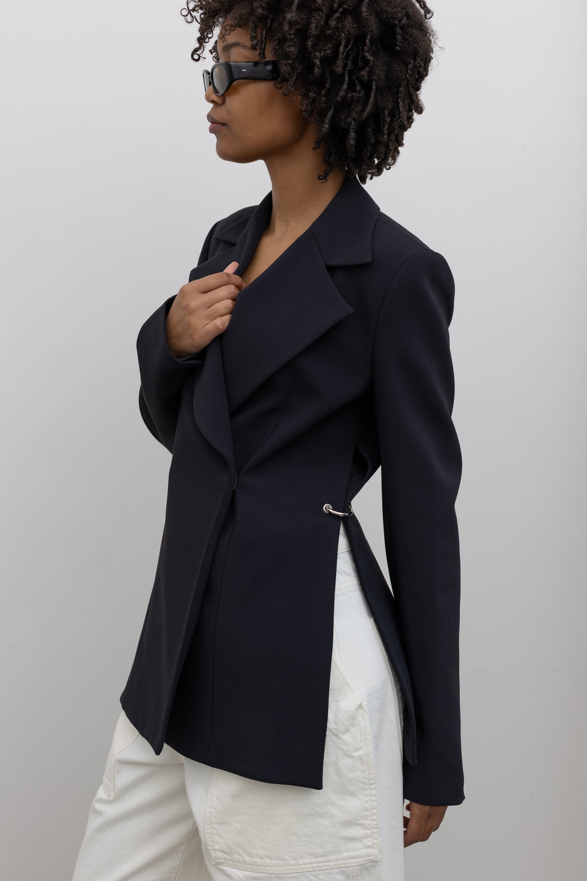 Nomia black crepe oversized jacket contemporary womenswear at Alas Eius