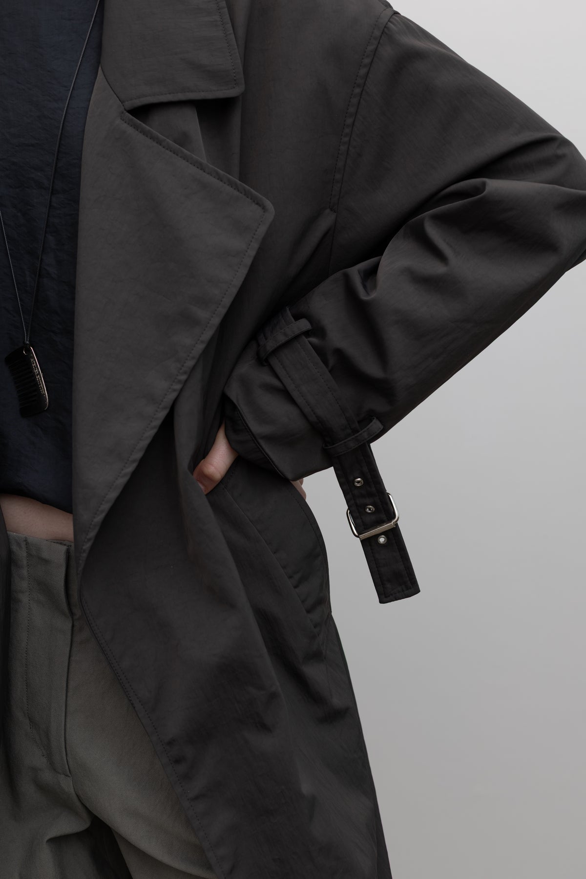 Nomia Charcoal Oversized Trench Coat, women’s contemporary designer outerwear at Alas Eius