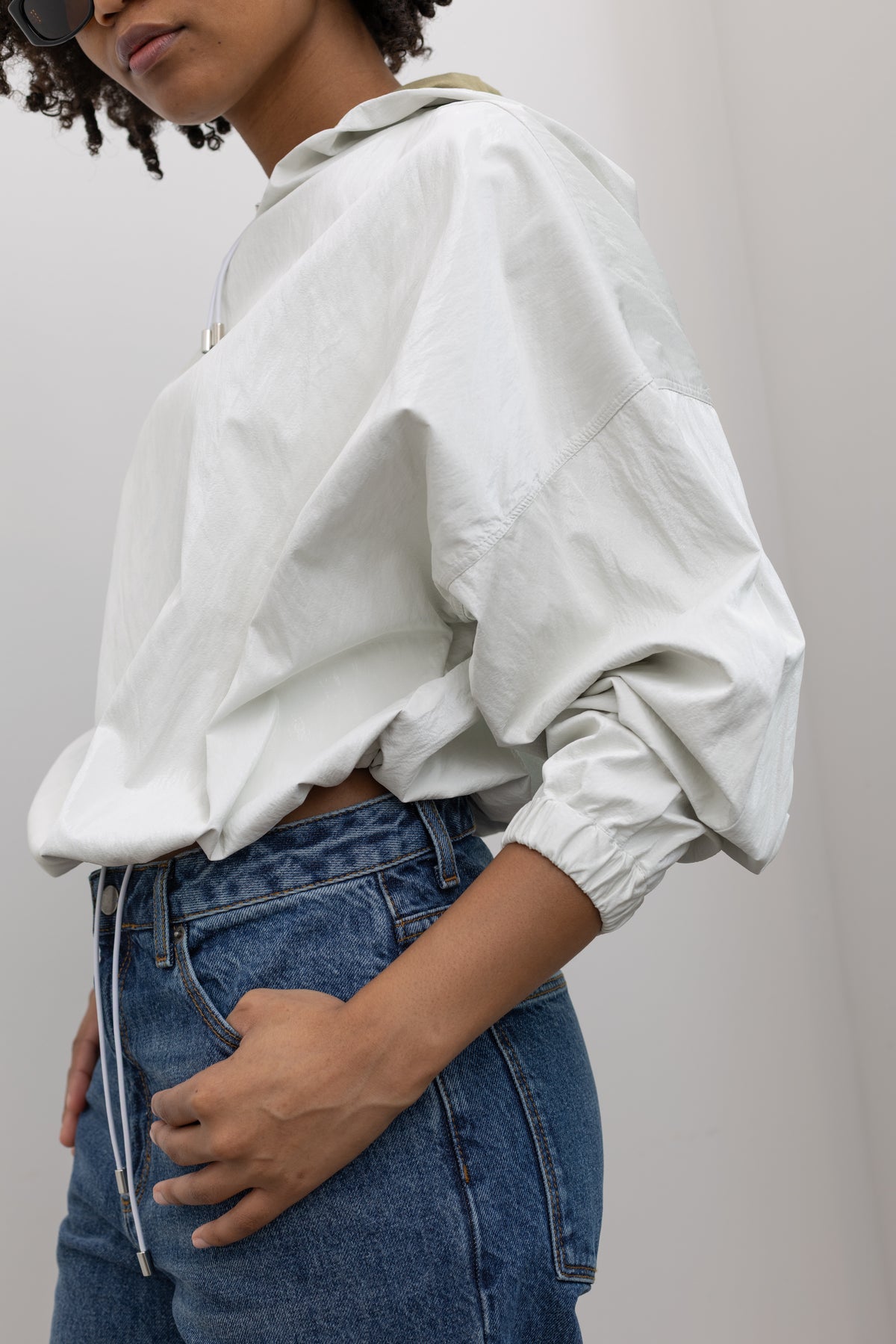 Nomia Optic White Minimalist Hooded Jacket, relaxed contemporary outerwear, at Alas Eius