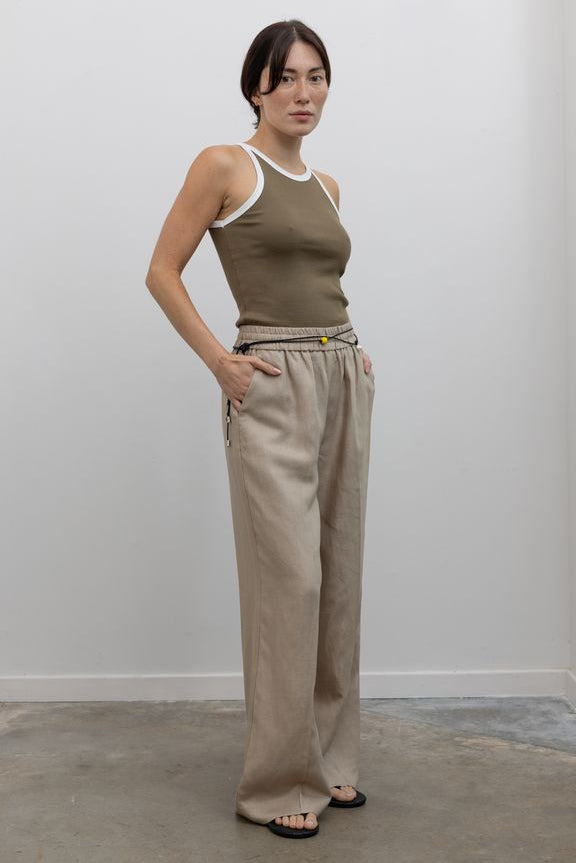 Beige Linen Drawstring Trousers