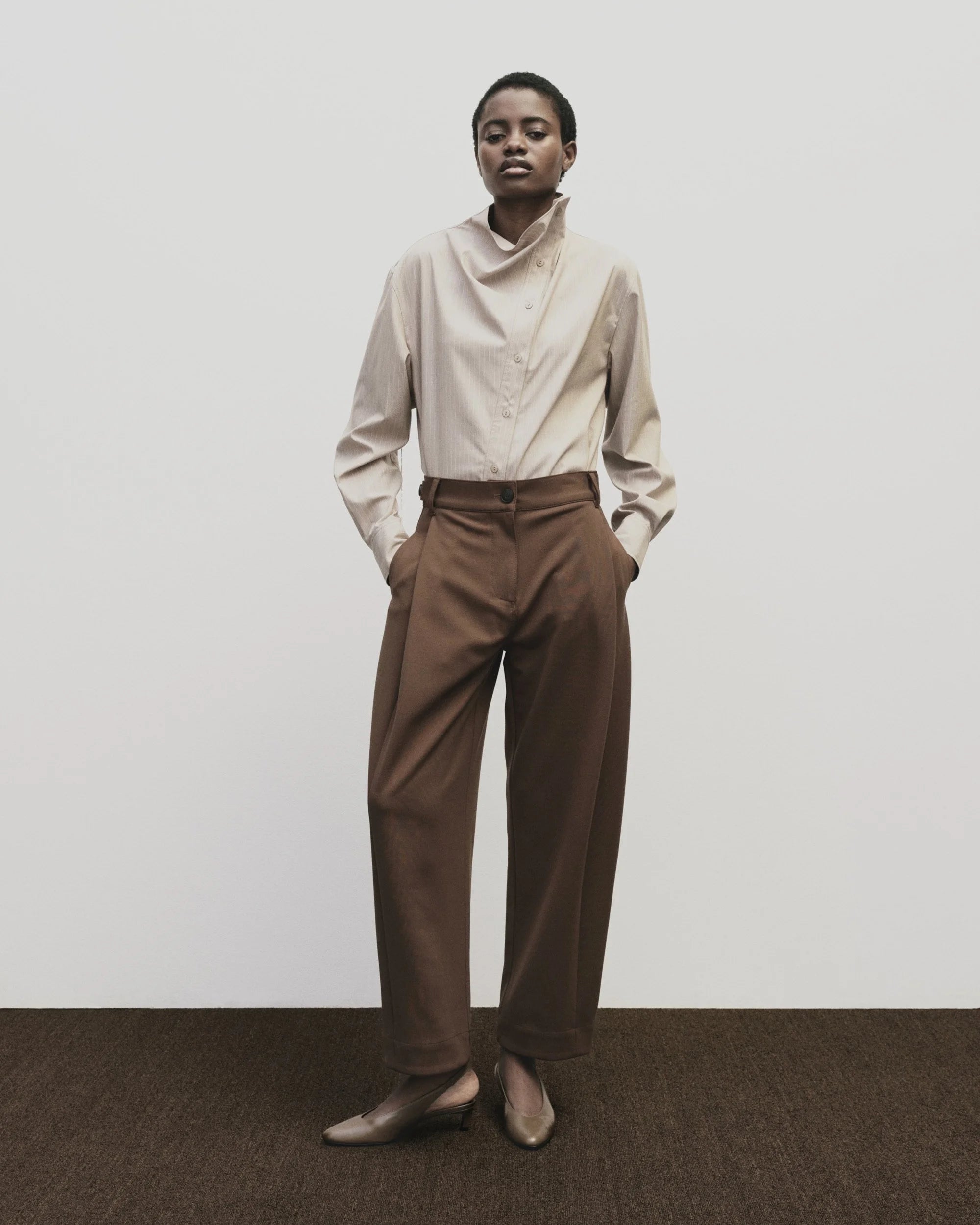 Brown Pleated Barrel Leg Pants