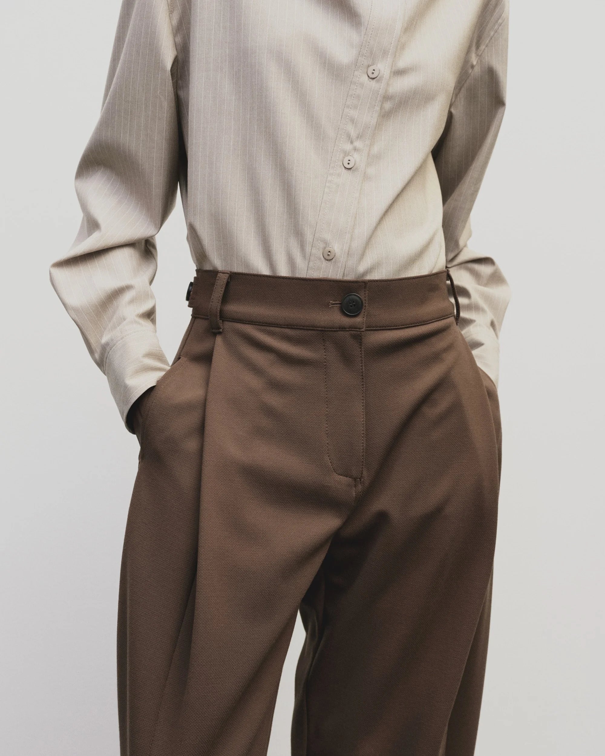 Brown Pleated Barrel Leg Pants