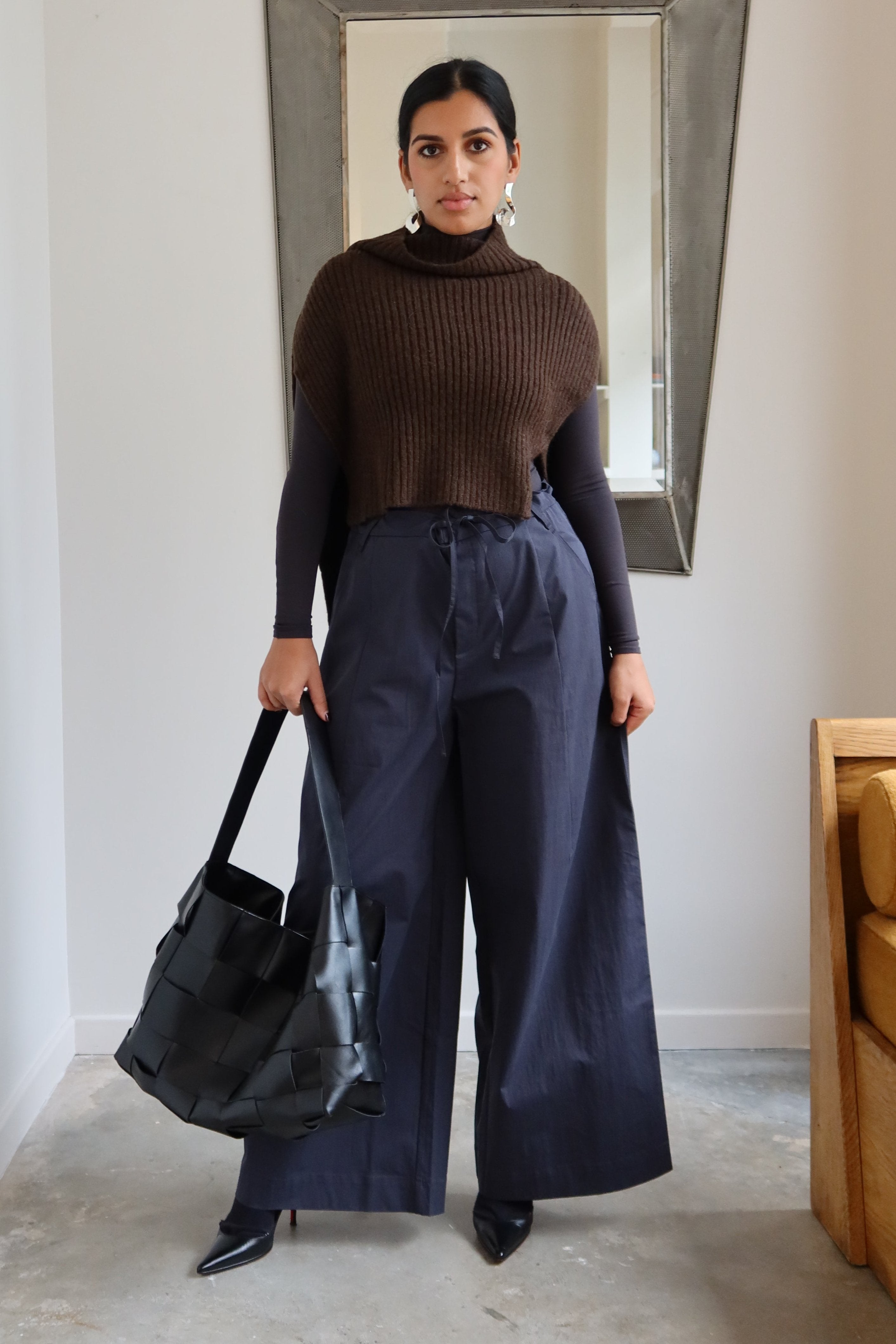 Navy Nylon Blend Drawstring Pants