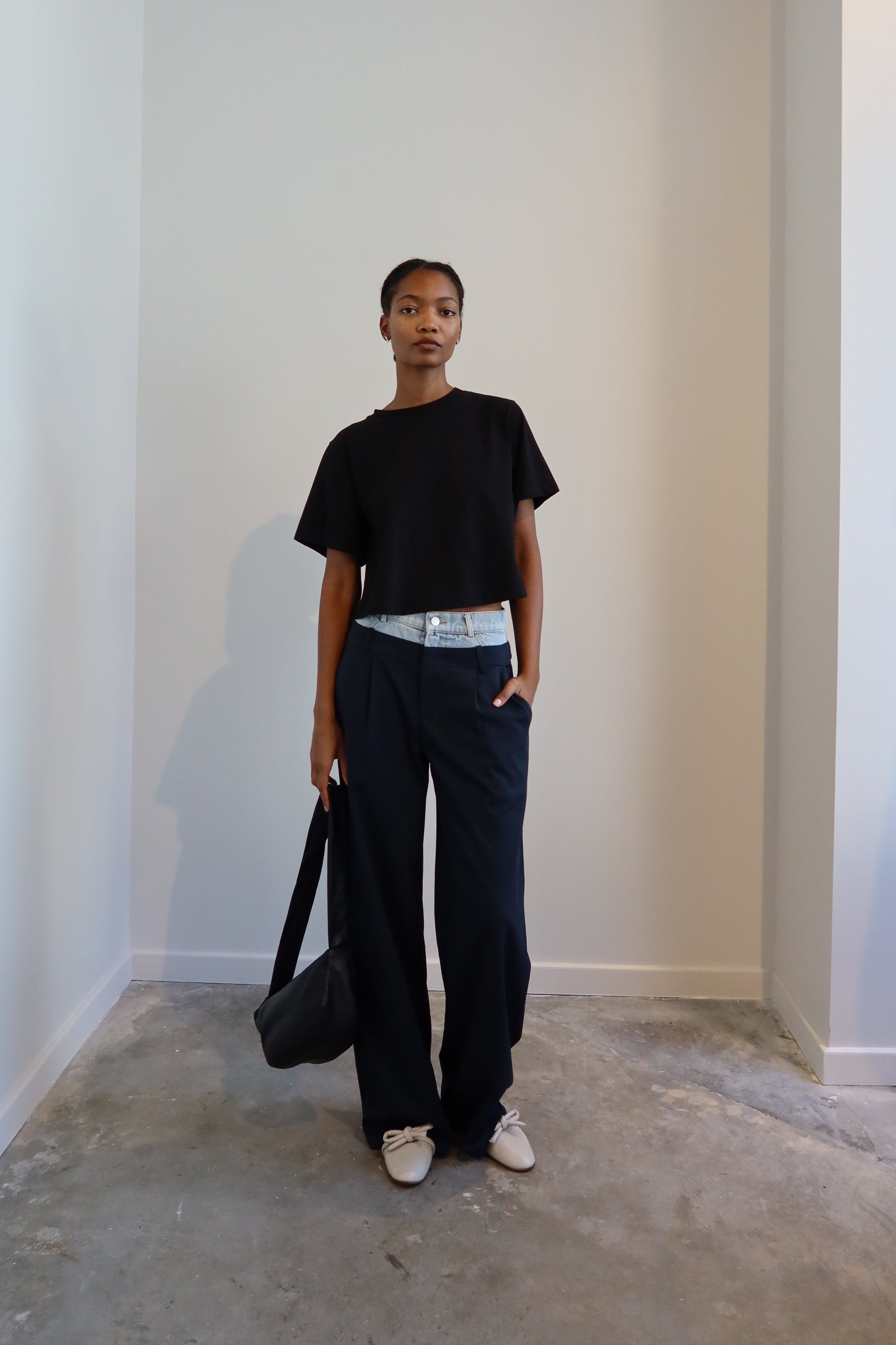 Denim Waist Navy Trouser Layered Pants