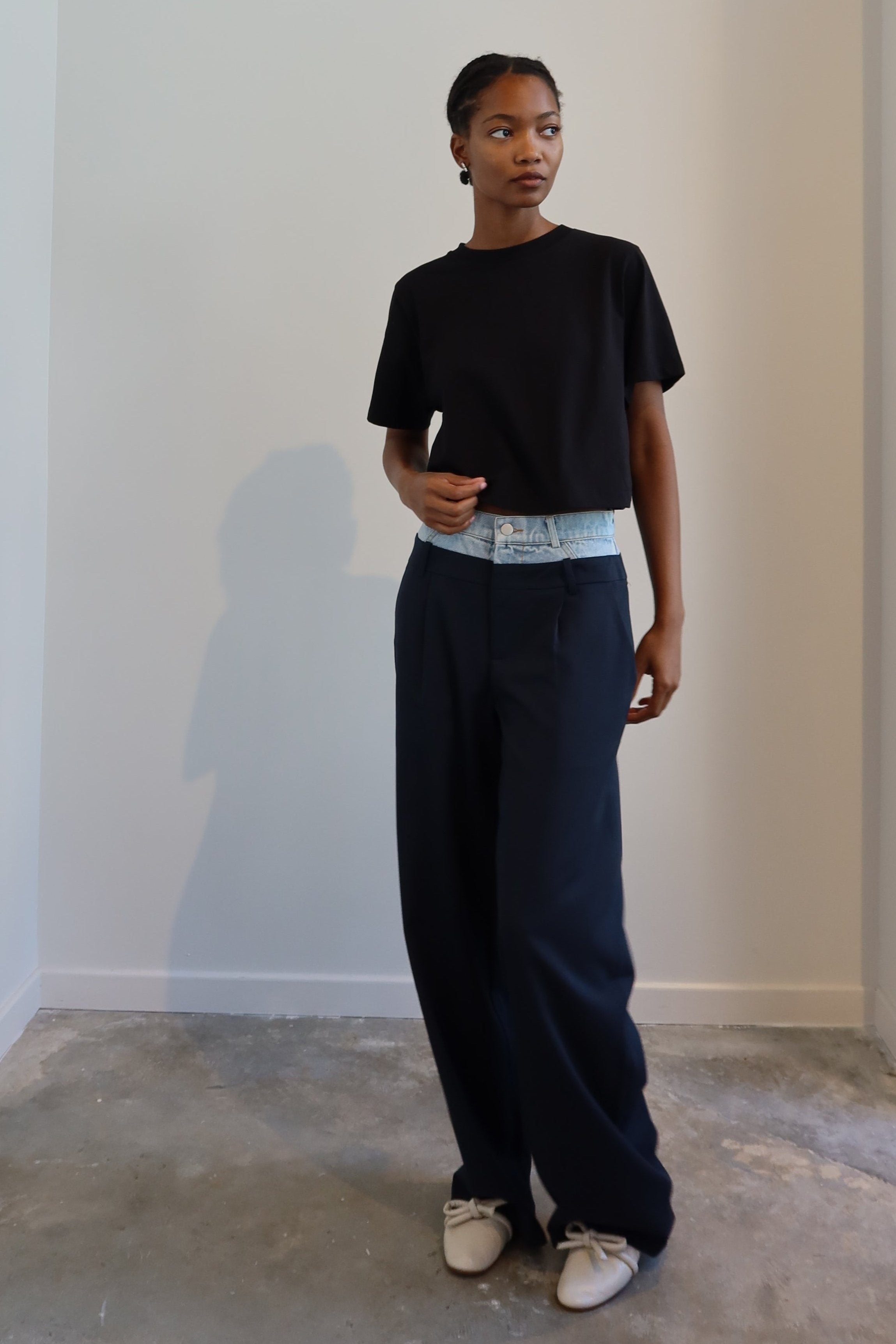 Denim Waist Navy Trouser Layered Pants