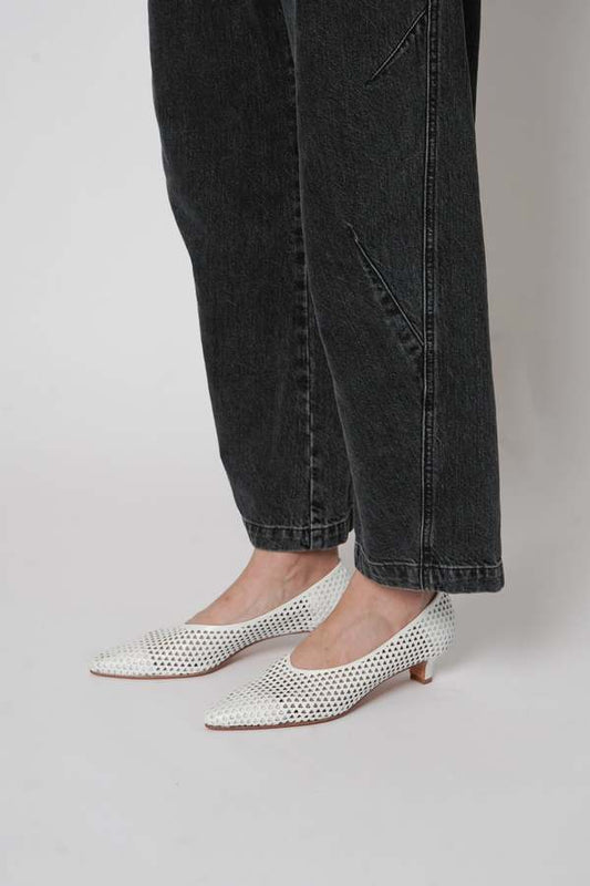 White Leather Perforated Kitten Heels