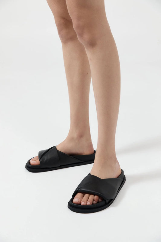 Black Fold Detail Slide Sandals