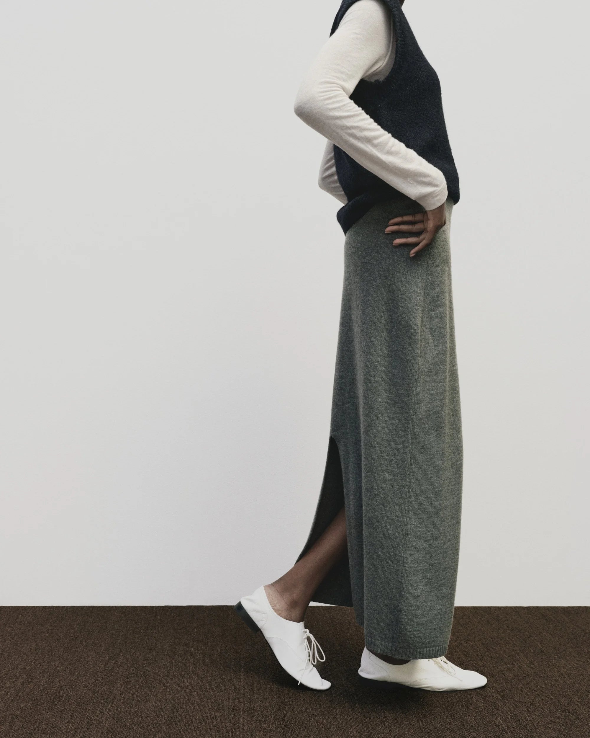 Grey Cashmere Blend Knit Midi Skirt