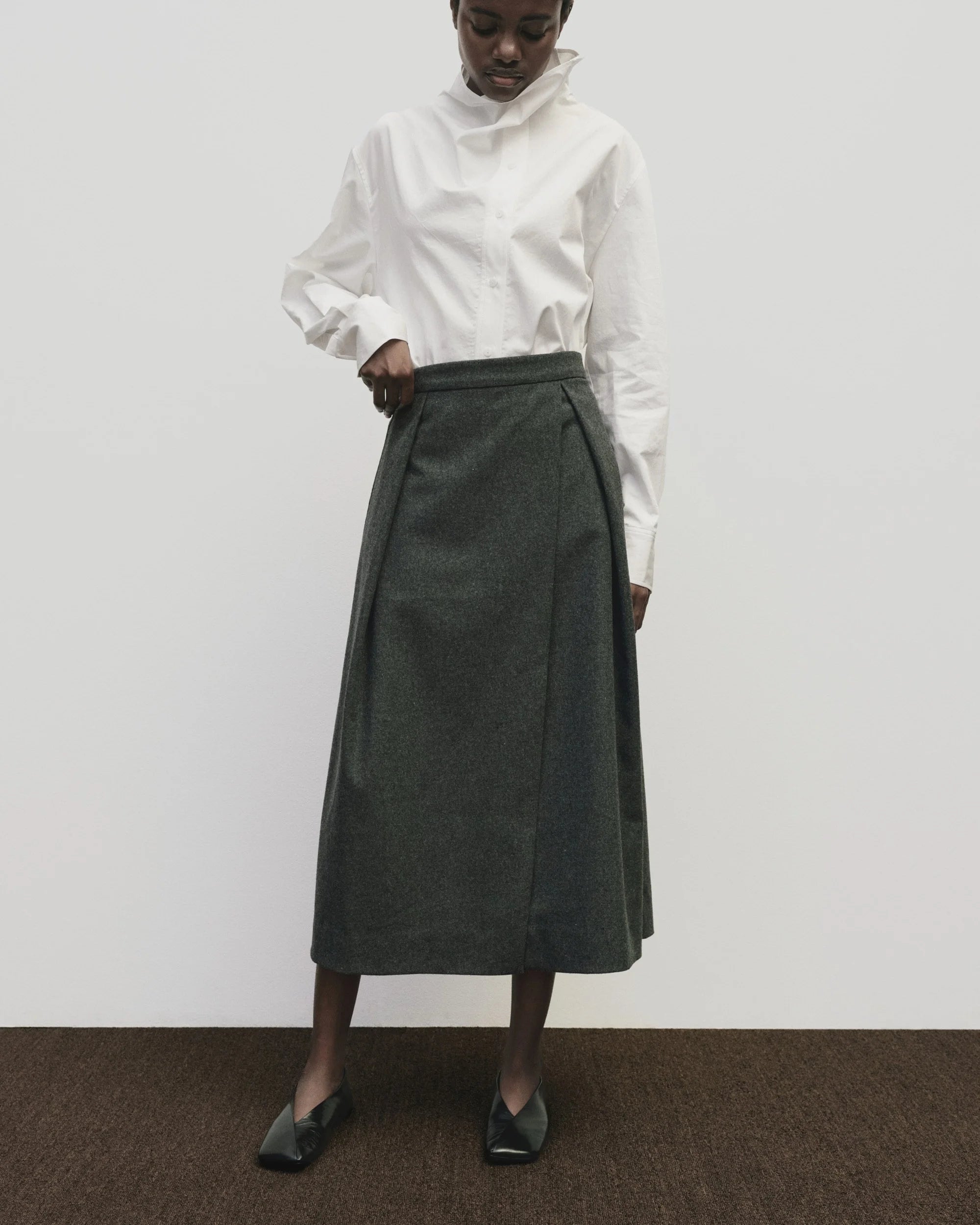 Charcoal Wool Blend Pleated Midi Skirt