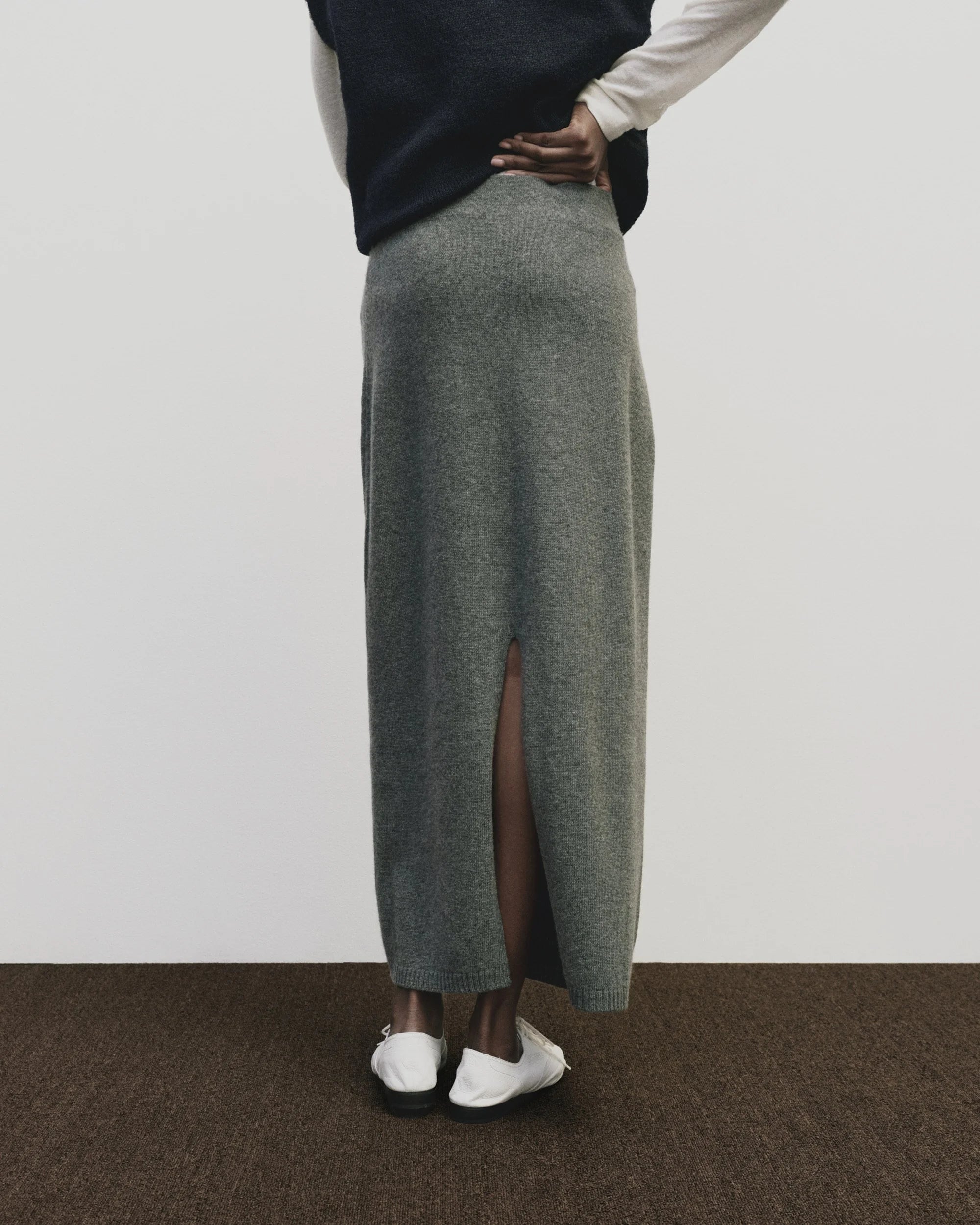 Grey Cashmere Blend Knit Midi Skirt