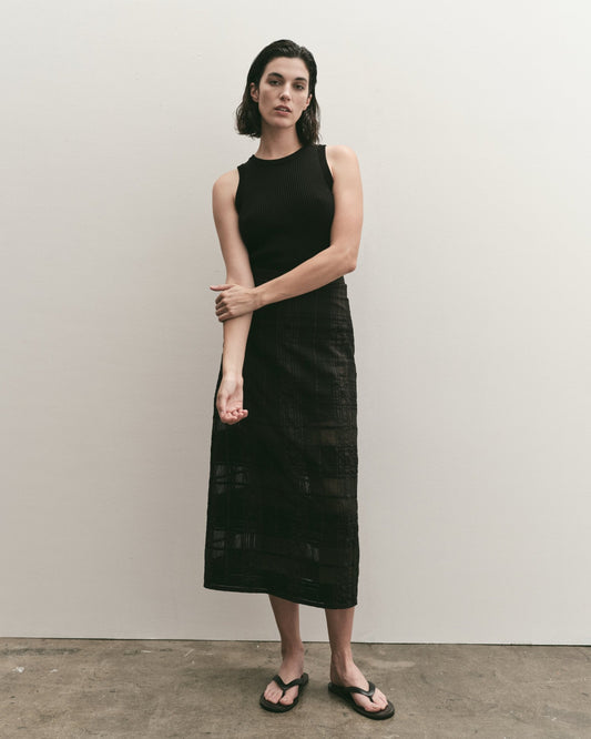 Black Plaid Lace Midi Skirt