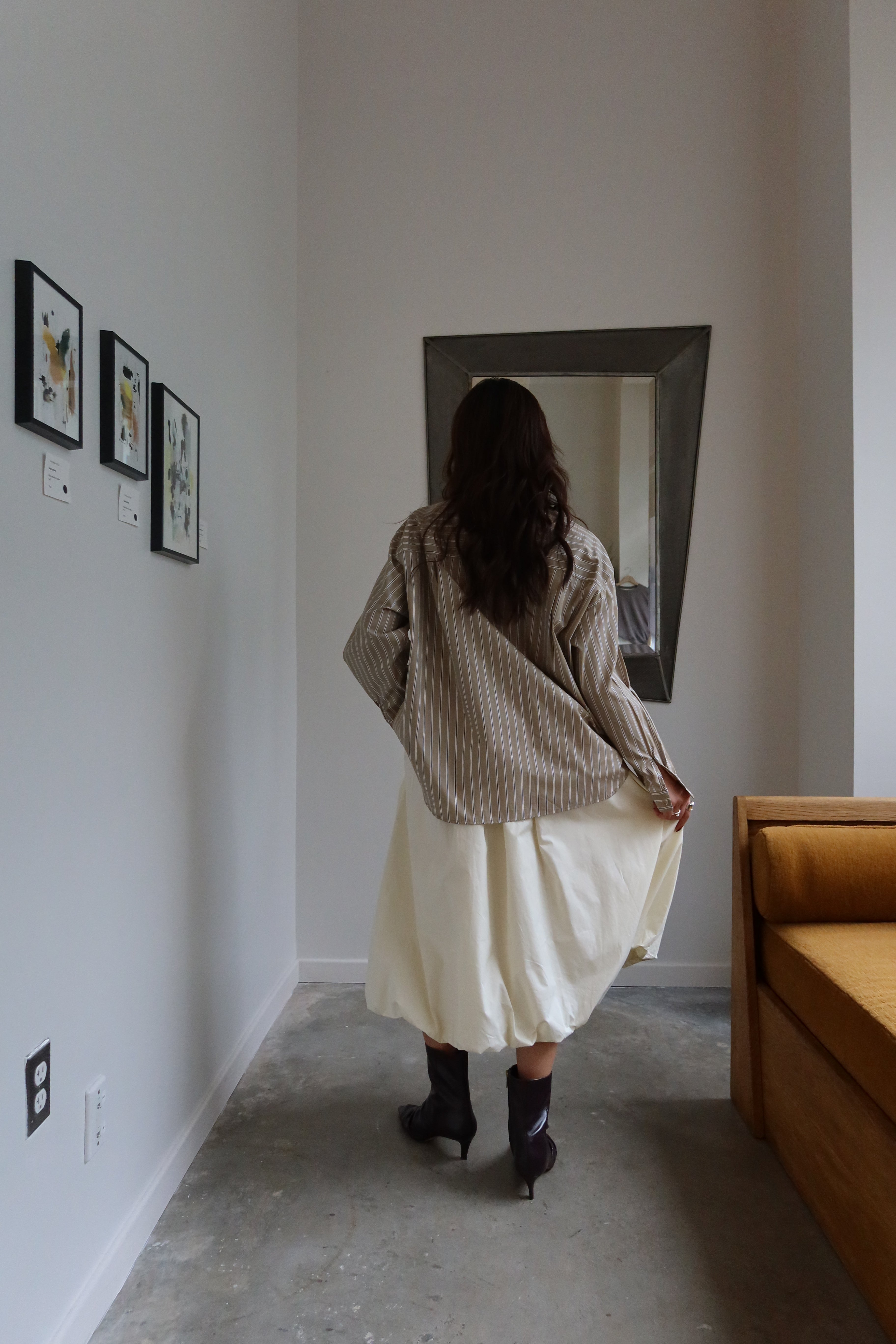 Khaki And White Pinstripe Button Down Top