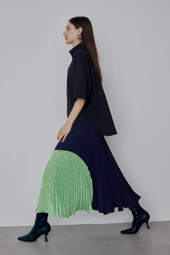 Pleated Lime And Navy Sunburst Midi Skirt