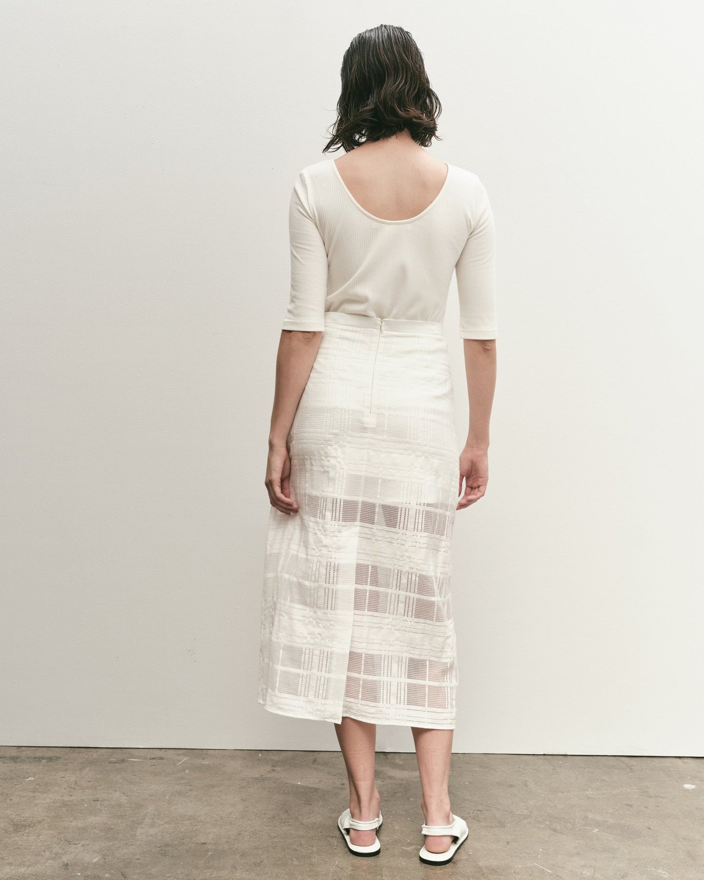 White Plaid Lace Midi Skirt