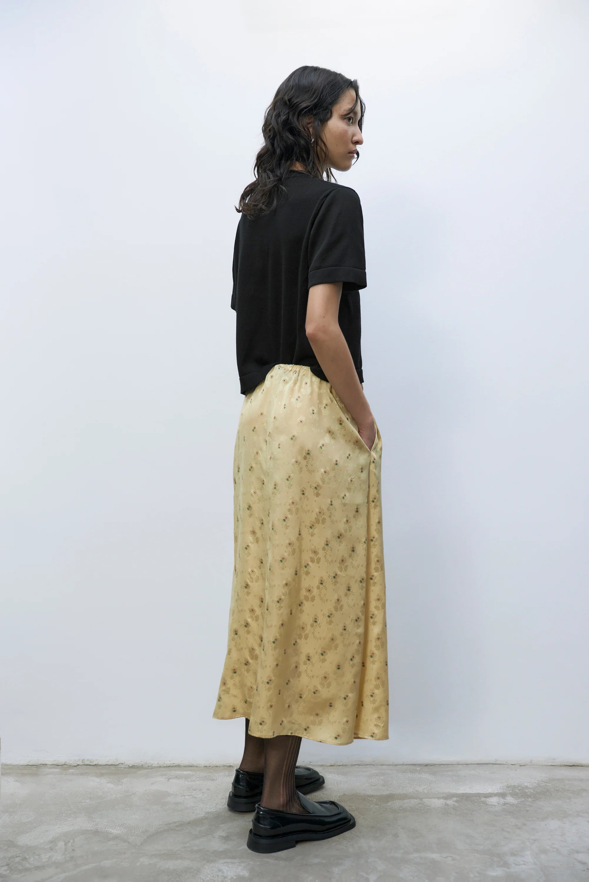 Light Yellow Floral Silk Midi Skirt