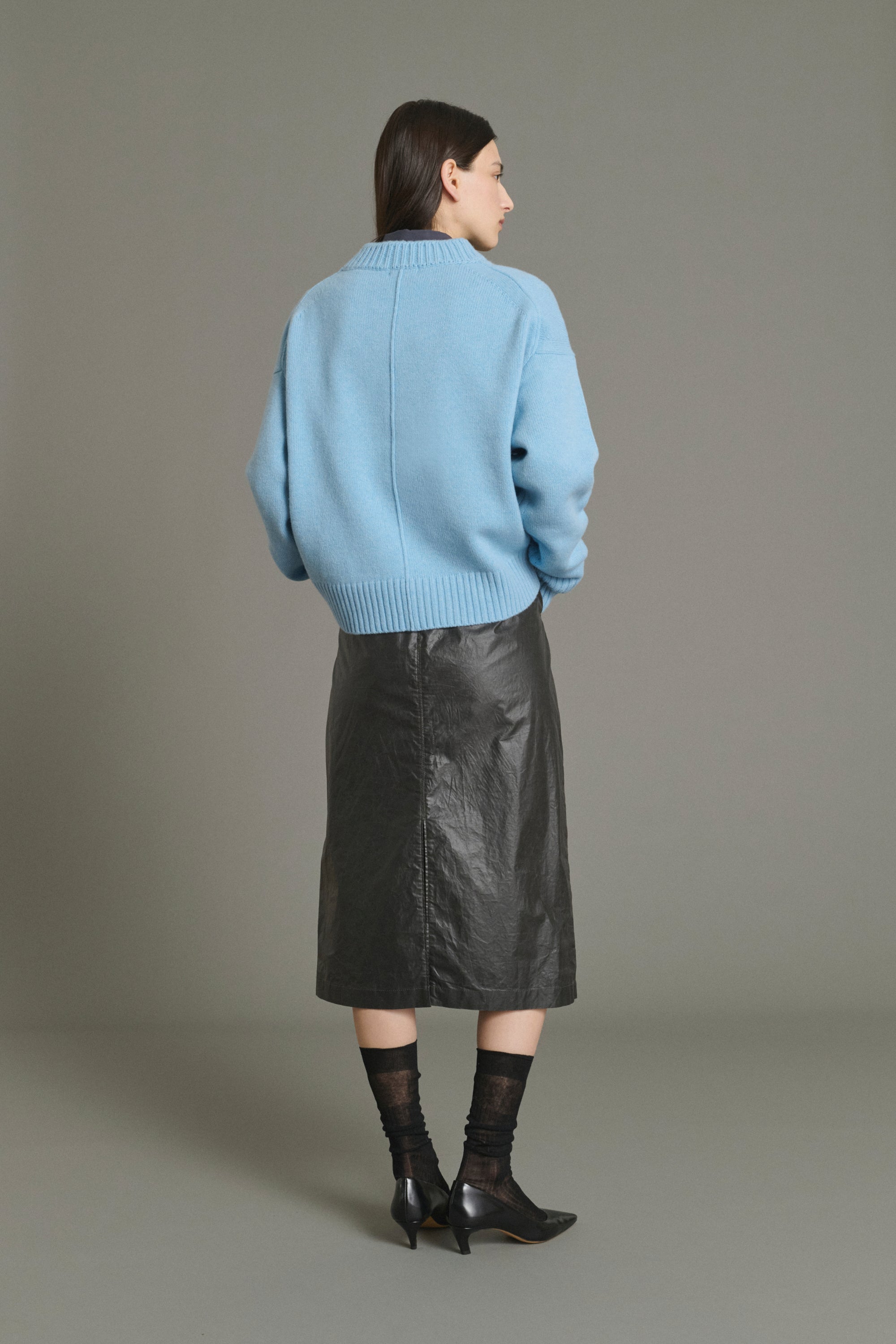 Soeur Julie soft 100% merino wool V-neck sweater with modern textured collar at Alas Eius