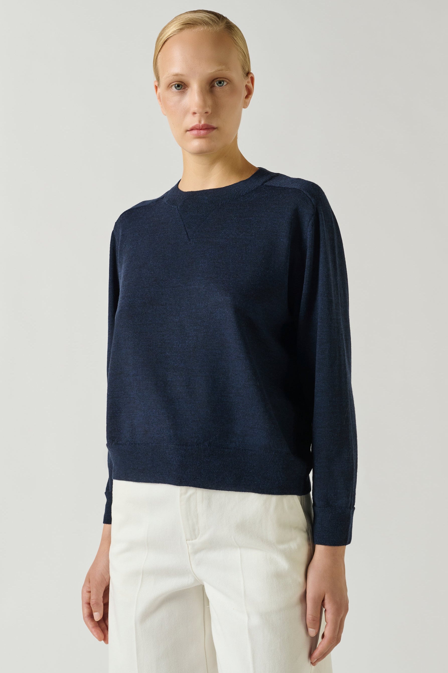 Soeur Pio fine merino wool round-collar pullover sweater with relaxed blouson silhouette at Alas Eius