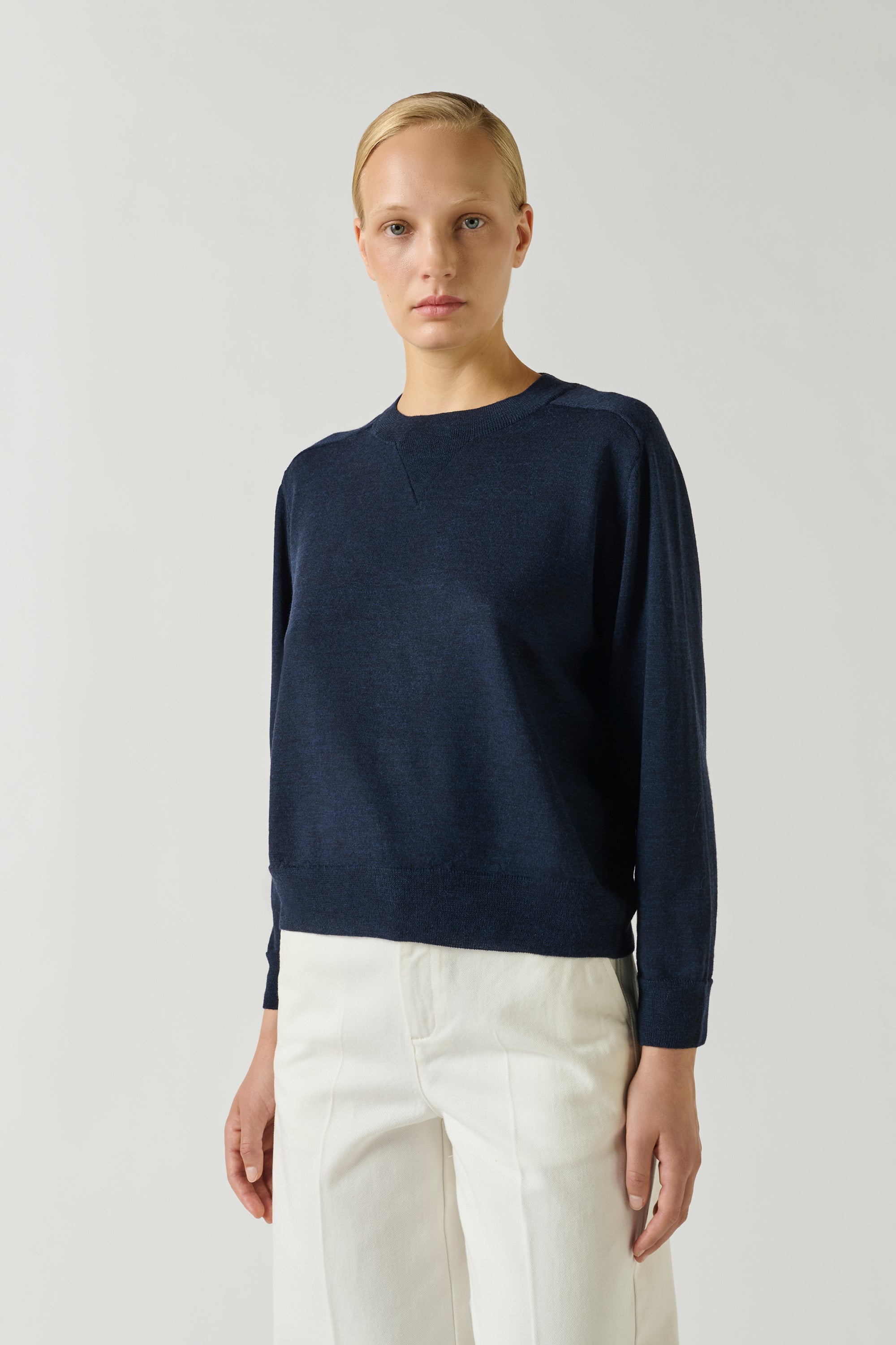 Soeur Pio fine merino wool round-collar pullover sweater with relaxed blouson silhouette at Alas Eius