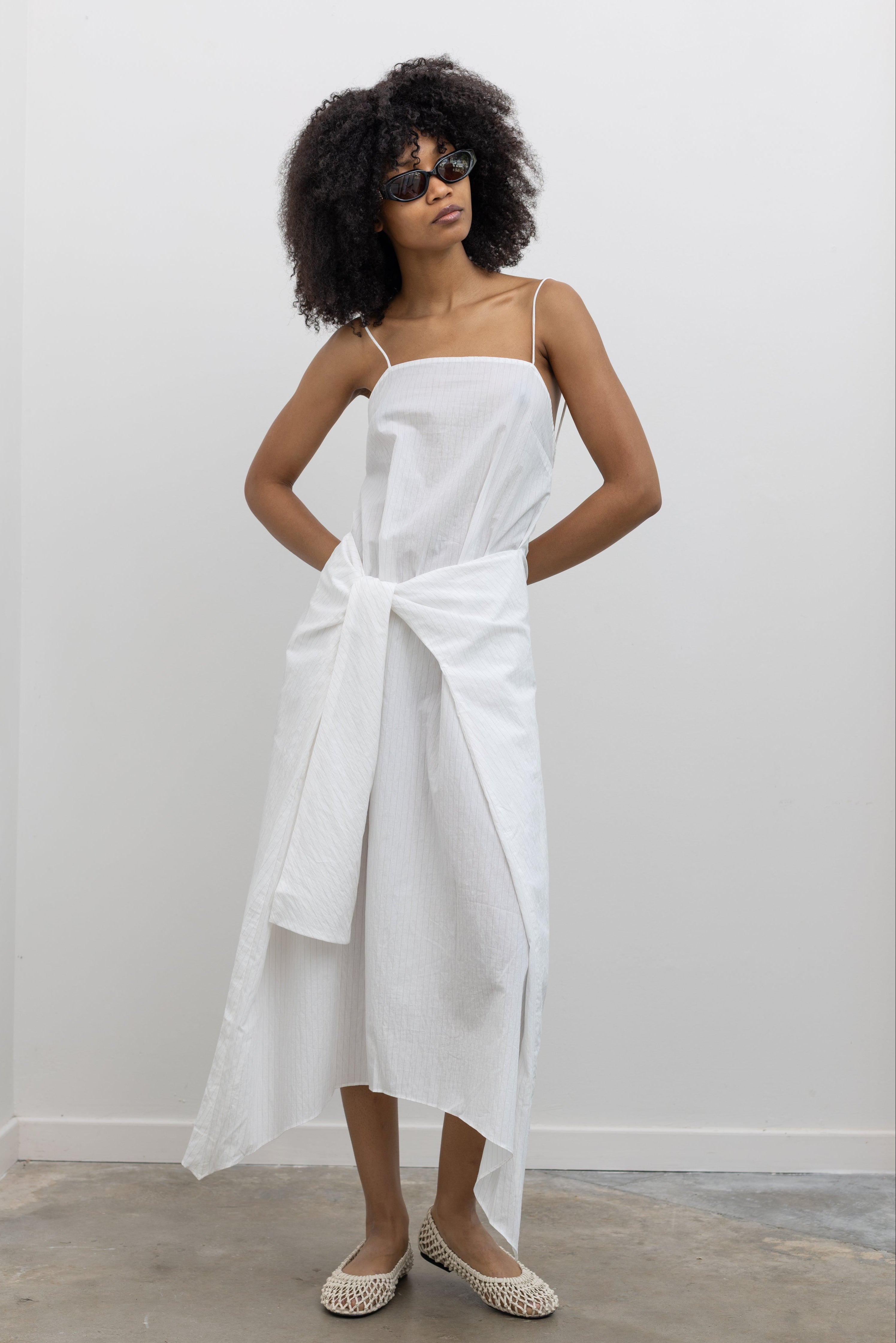 White Pinstripe Relaxed Cocoon Dress