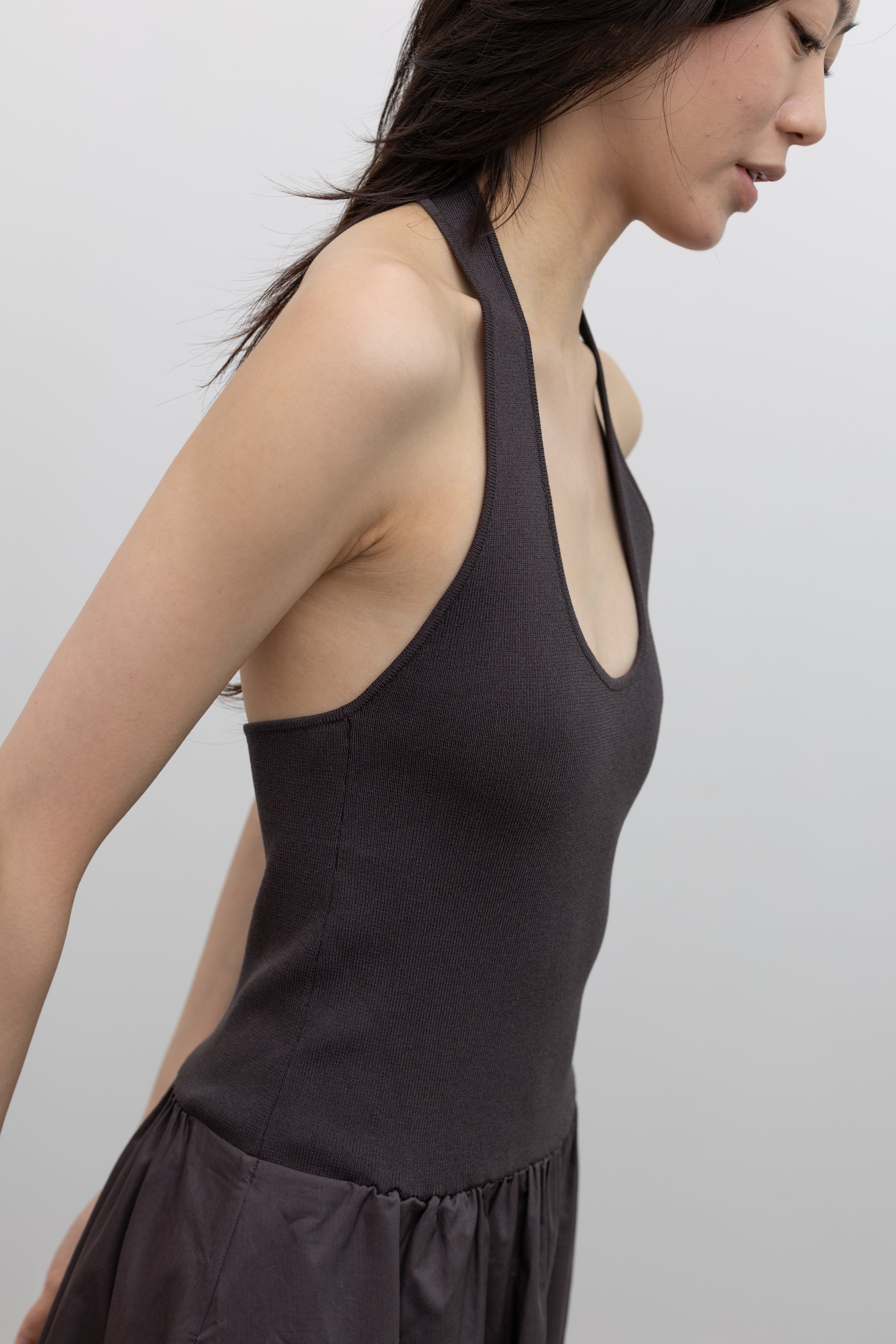St. Agni Halter Gathered Dress with effortless movement created by a softly gathered brown poplin skirt at Alas Eius.