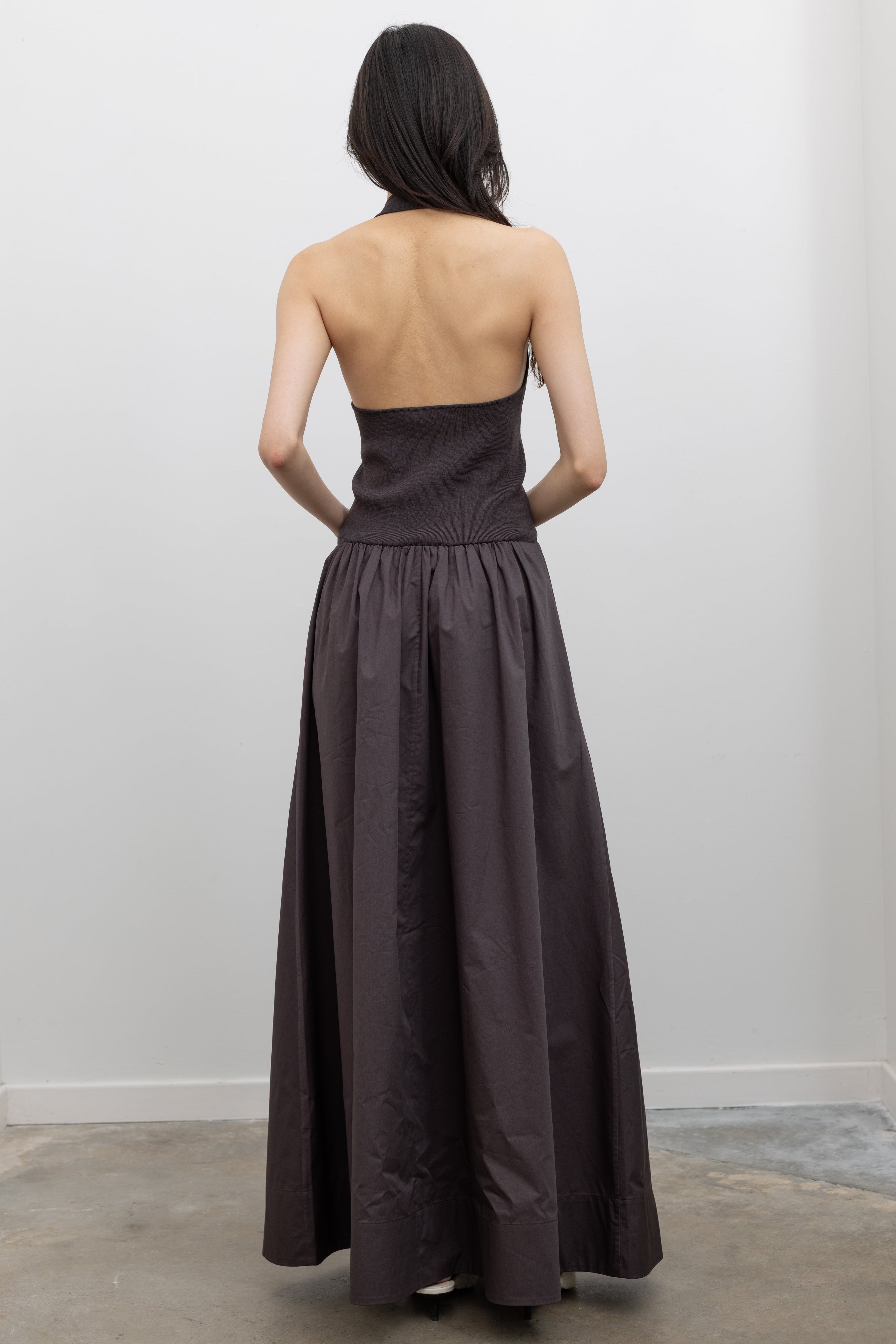 St. Agni Halter Gathered Dress styled to highlight its elegant knit-and-poplin contrast at Alas Eius.