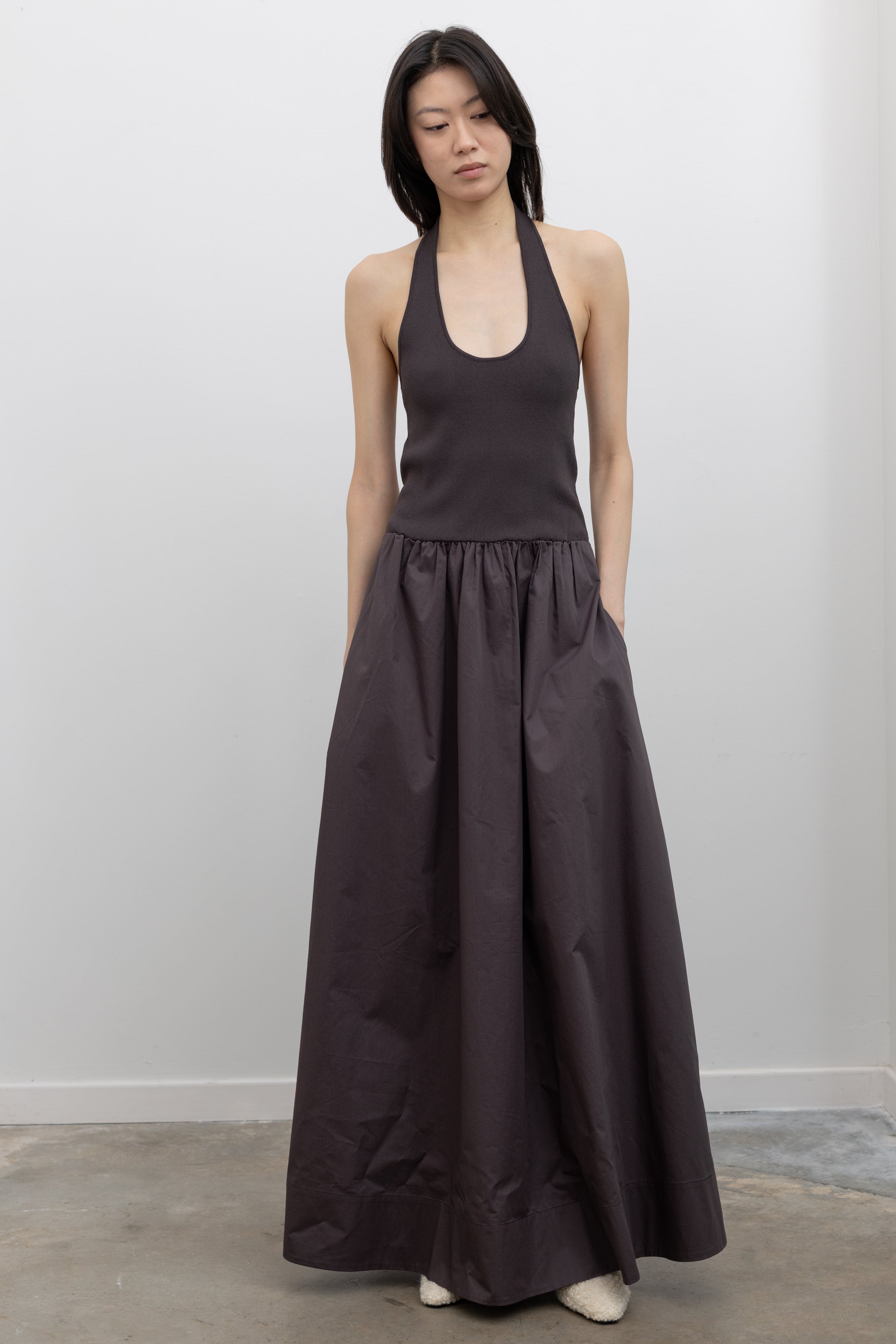 St. Agni maxi halter dress with a sculpted knit upper and flowing gathered poplin skirt at Alas Eius.