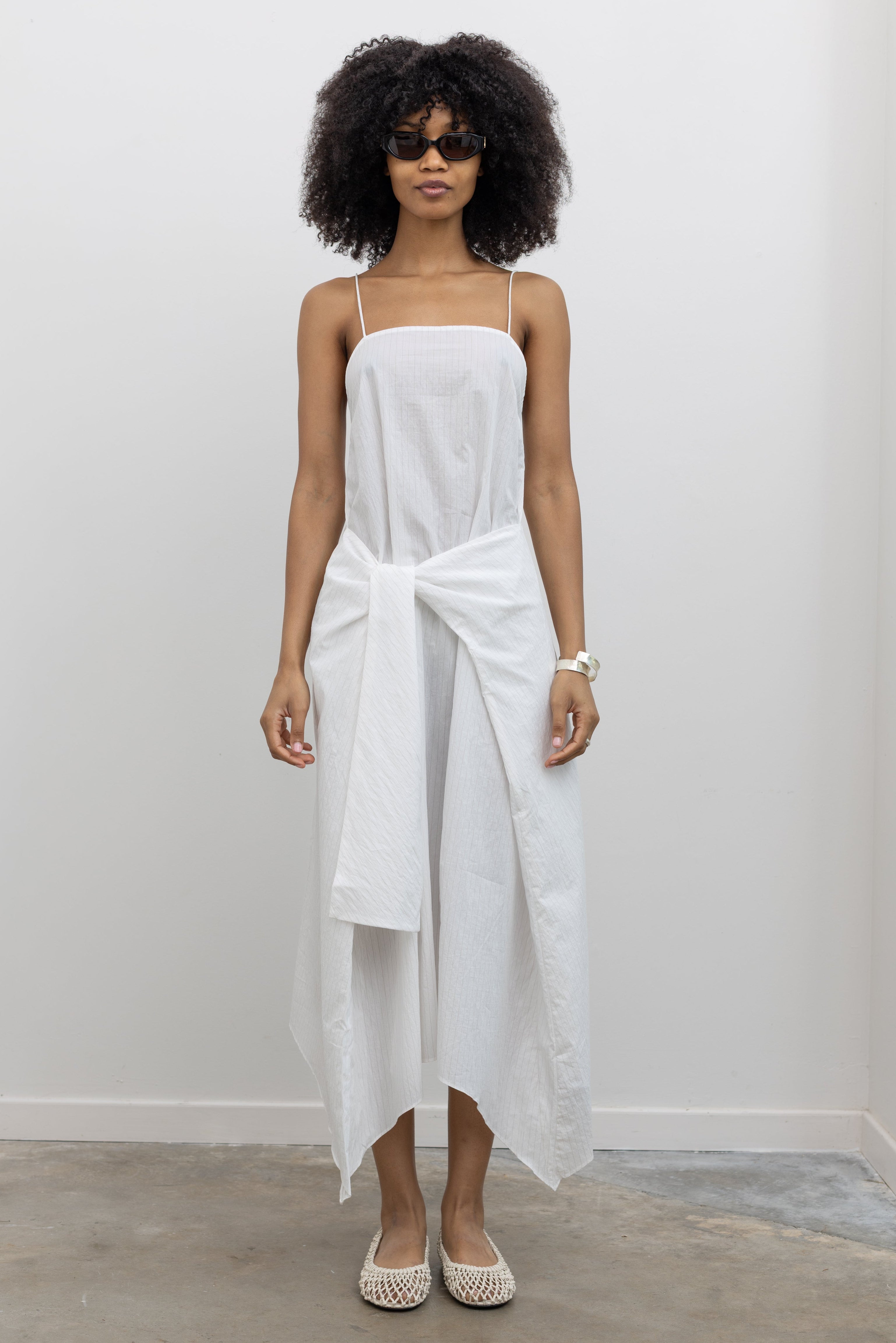 St. Agni Pinstripe Relaxed Cocoon Maxi Dress with Square Neck and Low Back Contemporary Women's Dress at Alas Eius
