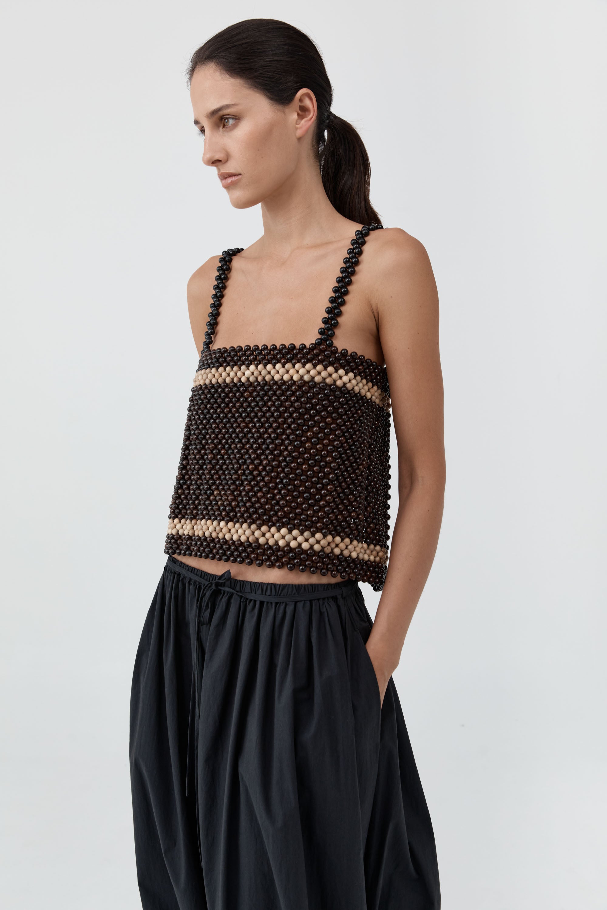 St. Agni square neck top with artisanal wooden bead details at Alas Eius