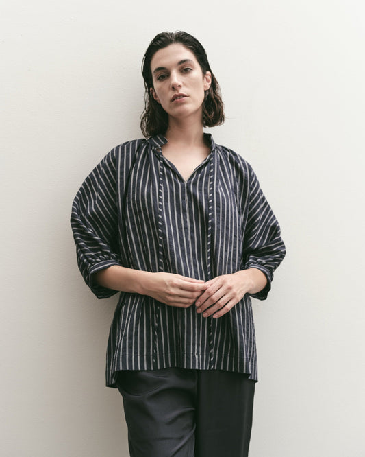 Navy And White Stripe Shirred Blouse