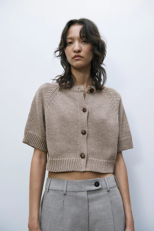 Taupe Knitted Cotton Button Down Top