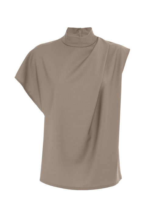 Tela contemporary wool-blend top featuring asymmetrical sleeves and elegant draping throughout at alas eius.