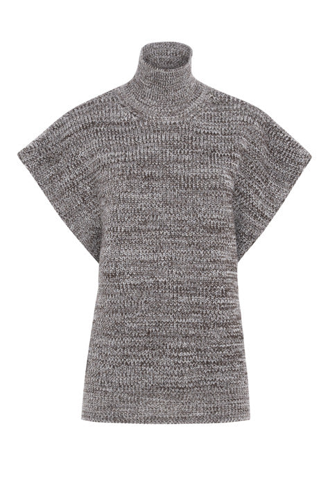 Tela Bita white and brown melange sleeveless wool blend sweater with high neckline