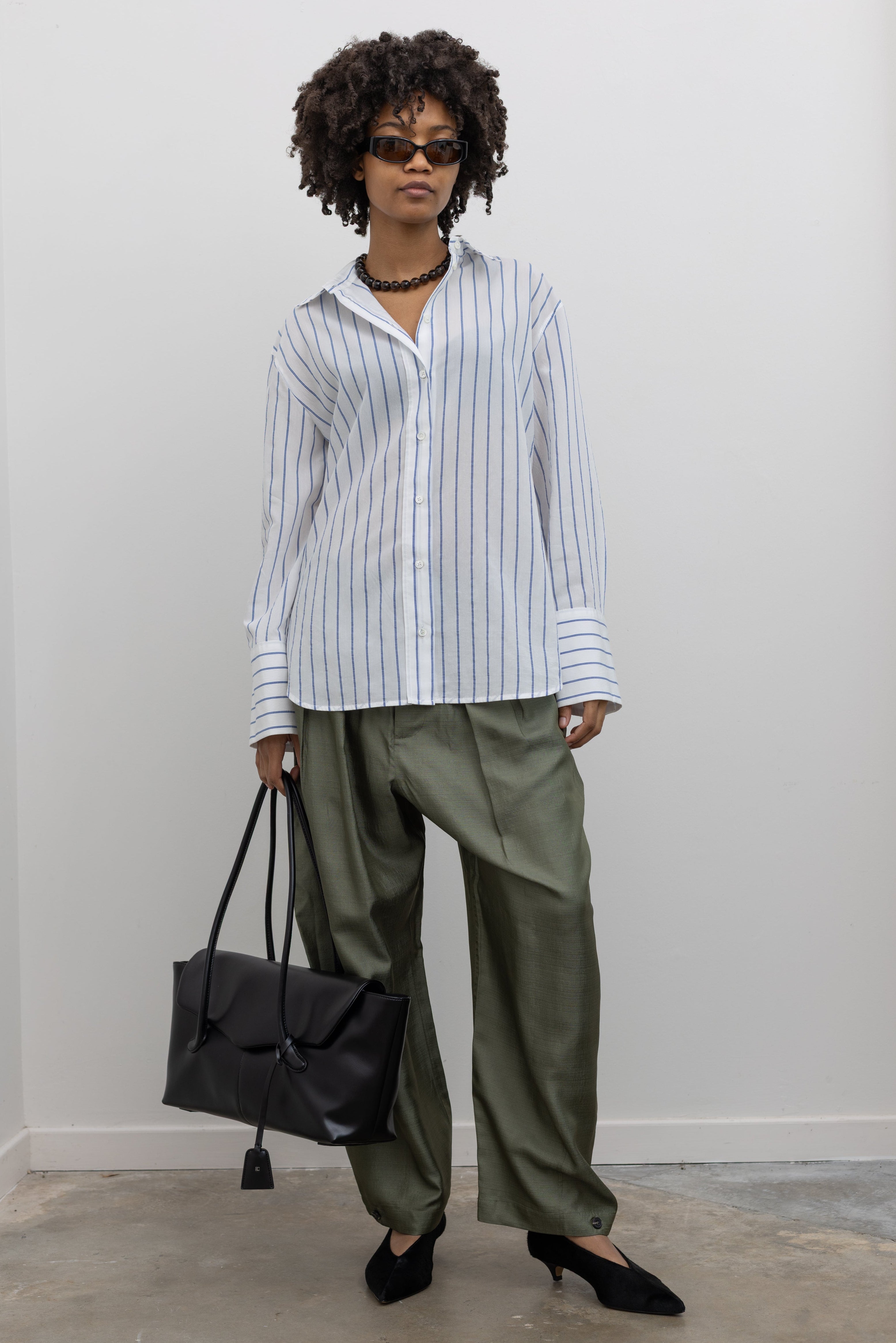 Tela dark blue grey melange striped shirt at Alas Eius