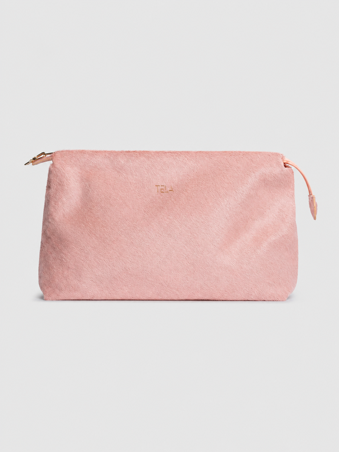 Tela Dusty Pink Calf-Hair Leather Clutch Bag with Minimalist Zip at Alas Eius