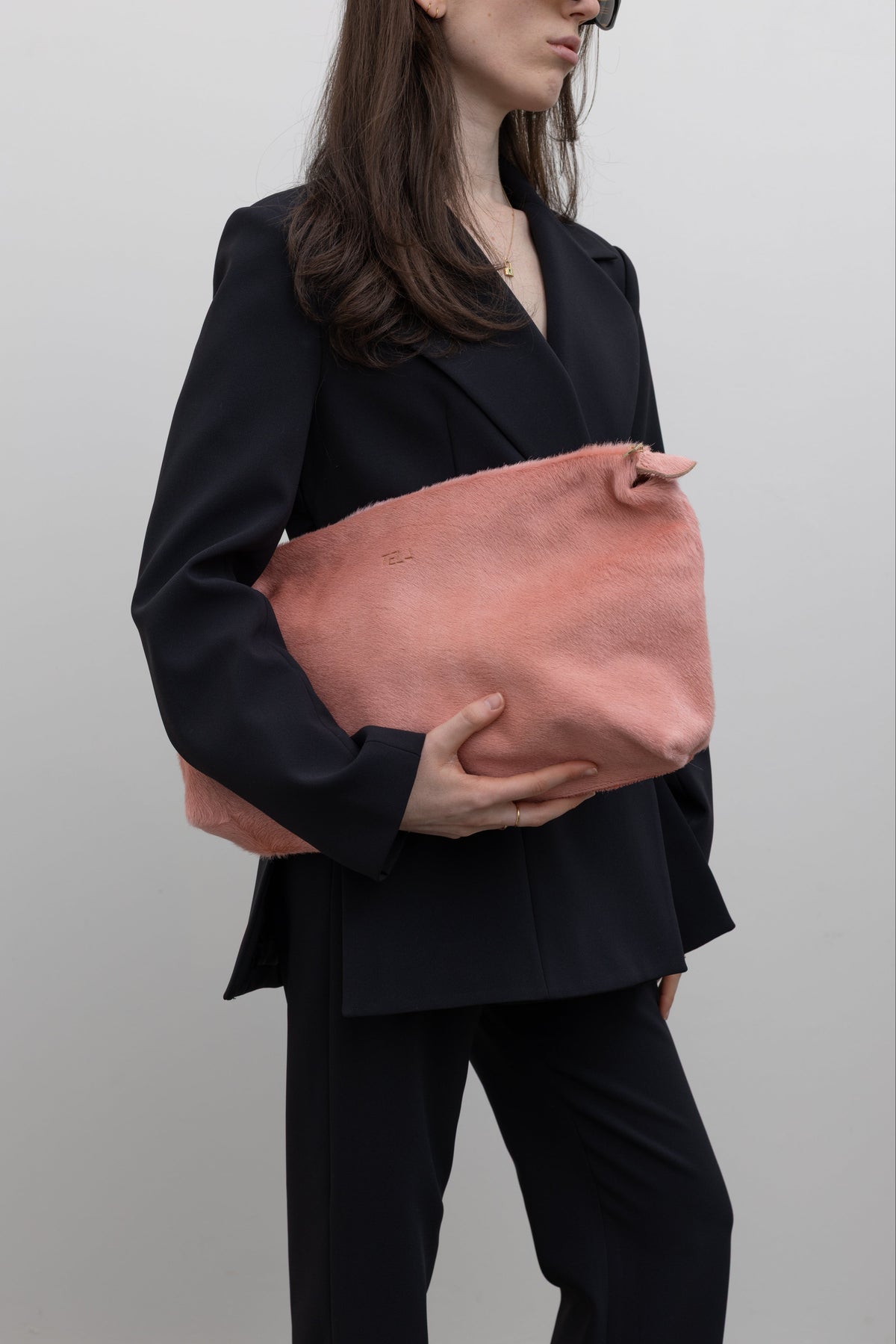 Tela Dusty Pink Pony Hair Leather Clutch with Zip Closure at Alas Eius