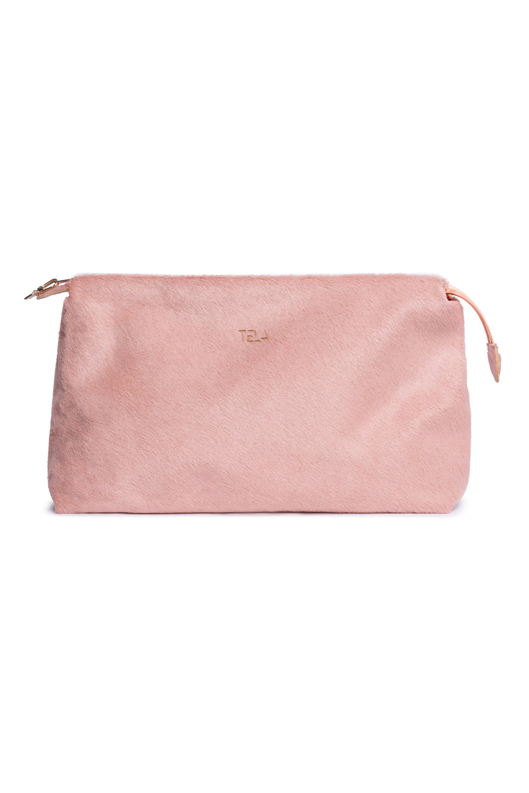Tela oversized dusty pink pony hair clutch bag with zip closure at Alas Eius