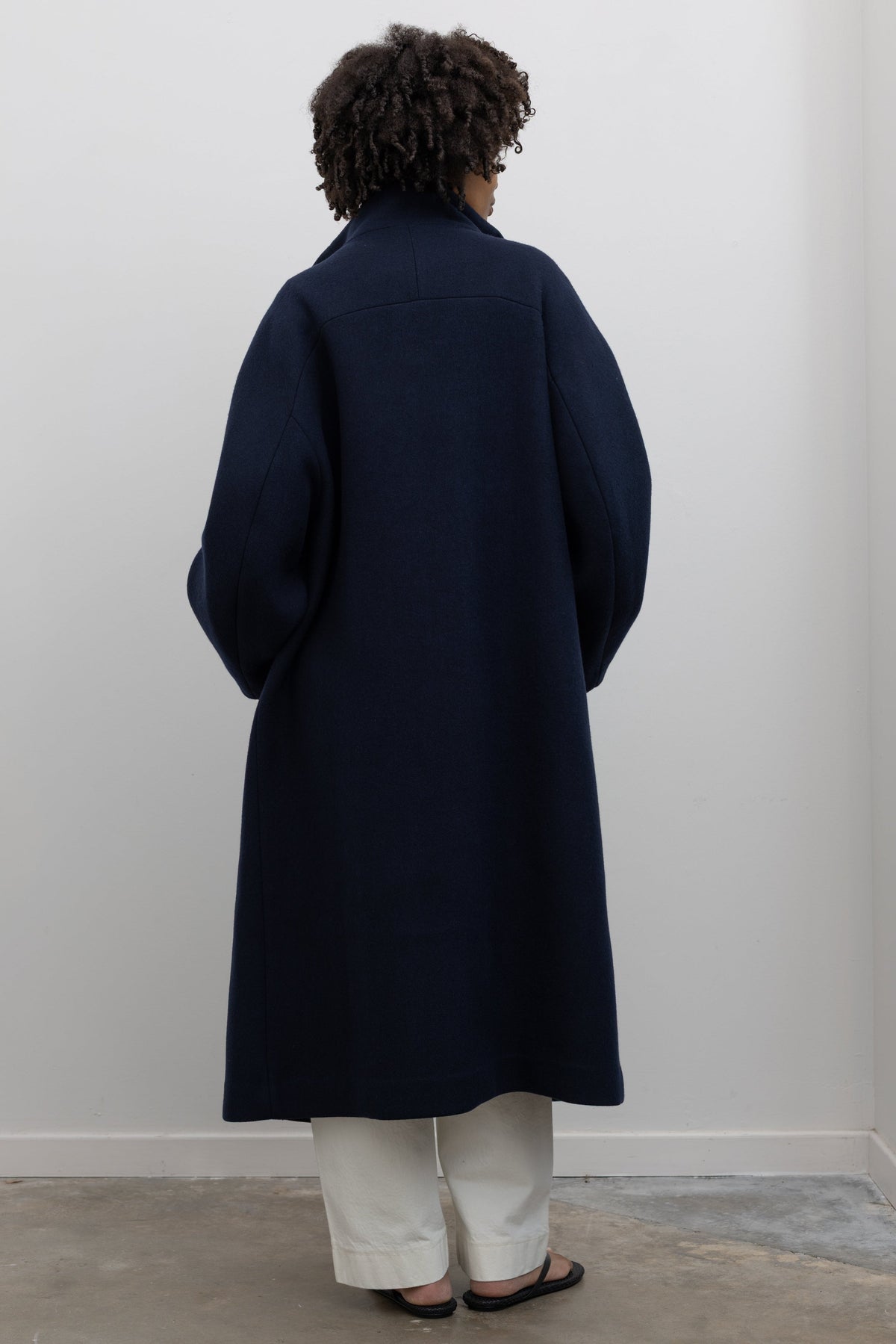 Tela Scott Italian made midnight blue coat contemporary designer at Alas Eius