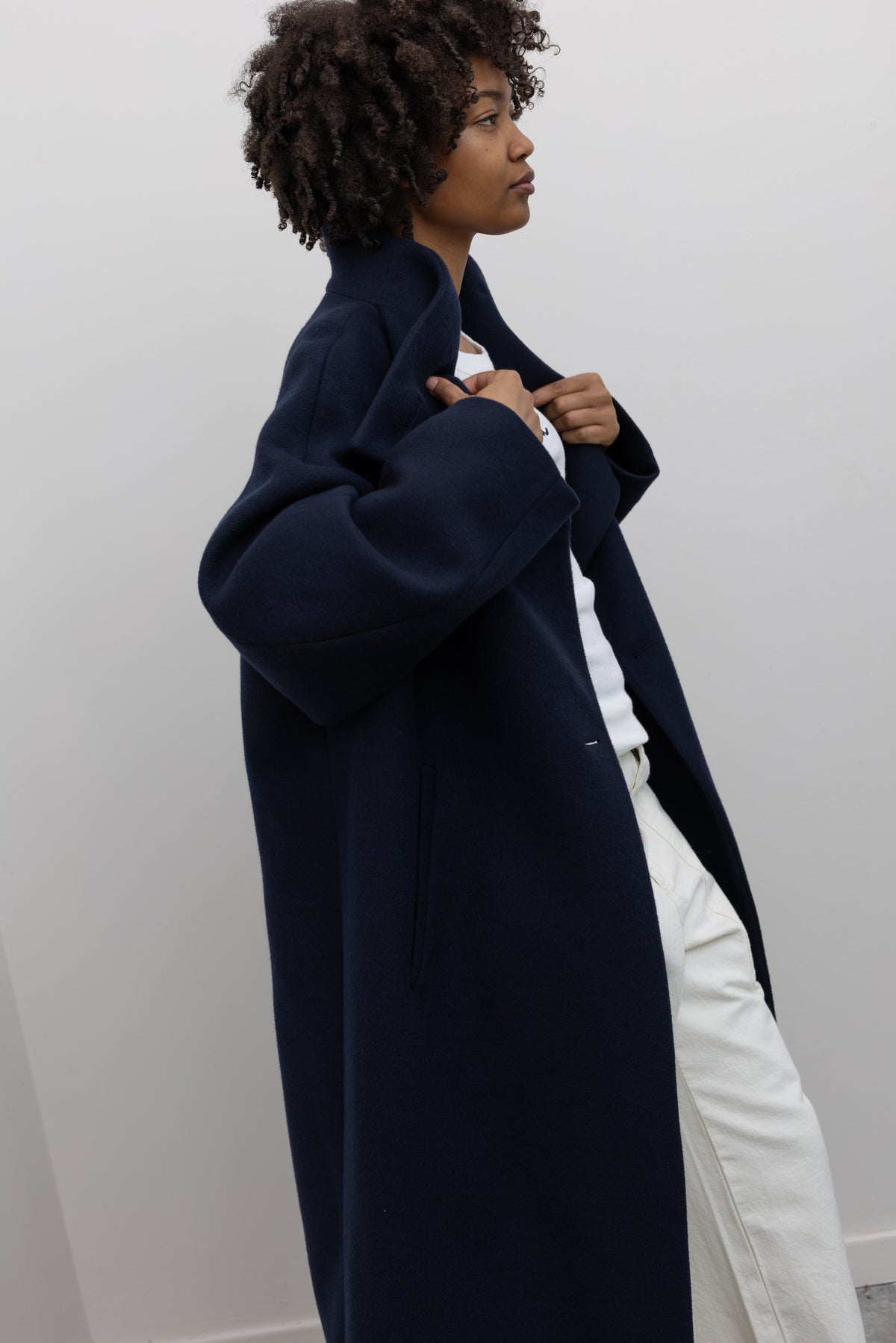 Tela Scott long wool blend coat contemporary fashion at Alas Eius