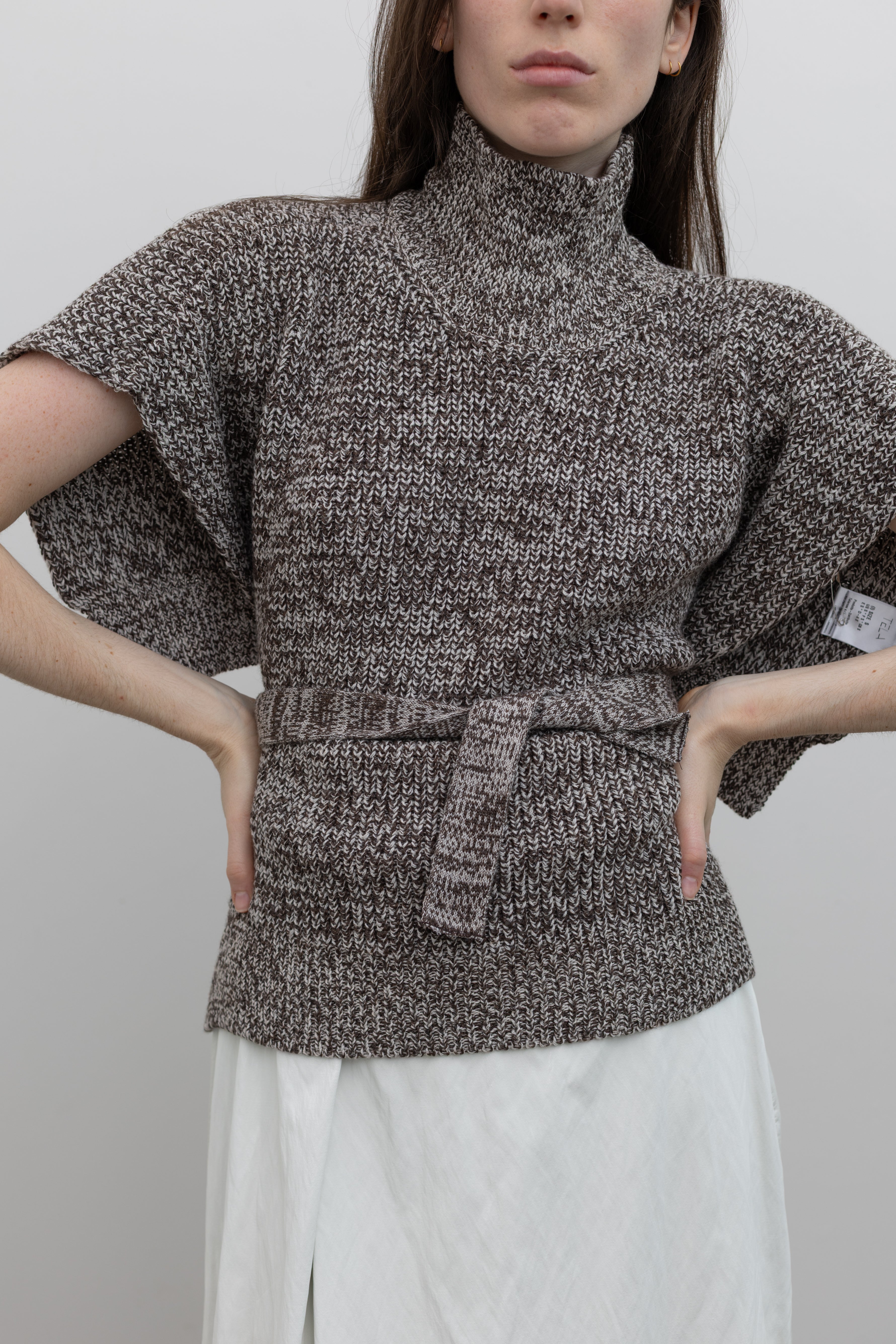 Tela White and Brown Mélange High Neck Sleeveless Sweater at Alas Eius