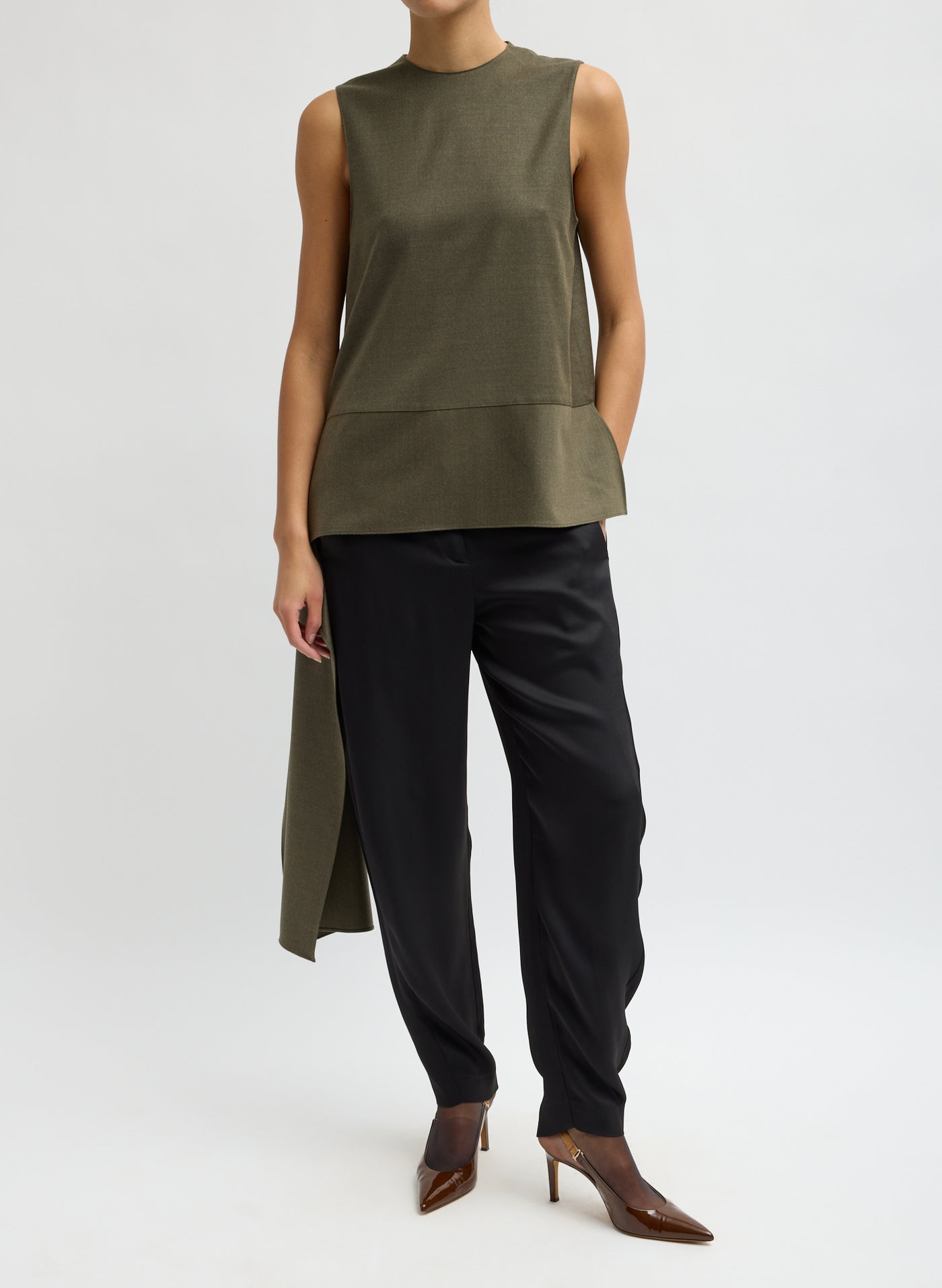 Tibi Army Green Asymmetrical Sleeveless Flannel Top Front View at Alas Eius