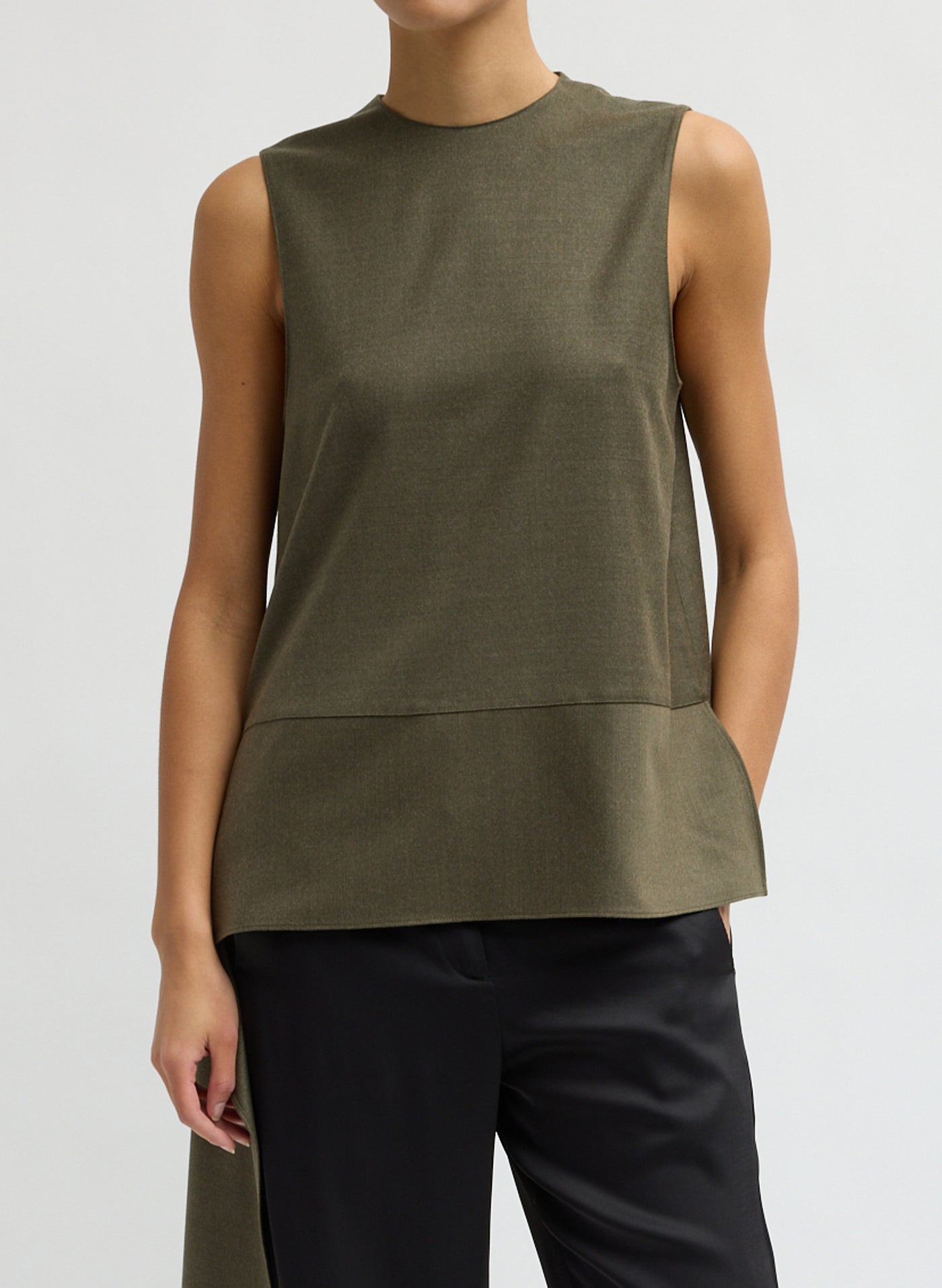 Tibi Army Green Cozy Flannel Asymmetrical Sleeveless Top at Alas Eius
