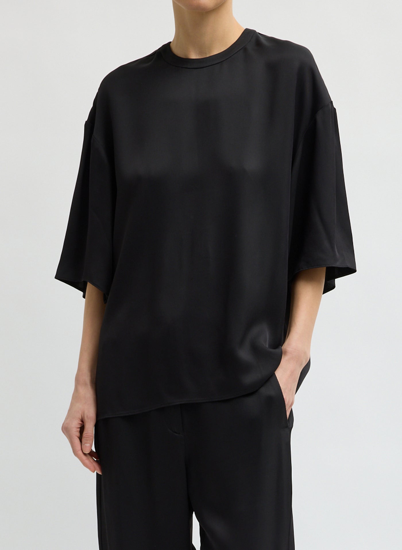 Tibi Black Eco Acetate Viscose Easy T-Shirt with Slit Detail at Alas Eius
