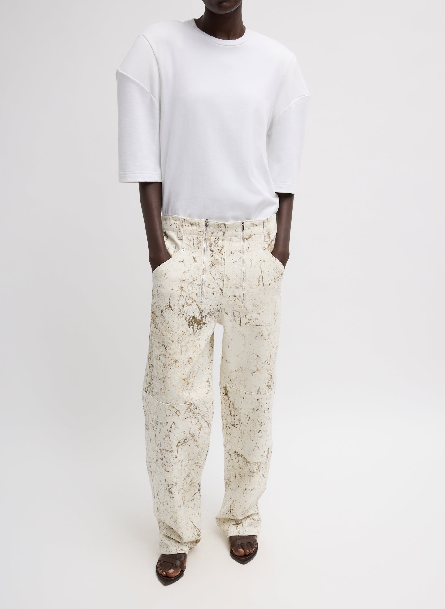 Tibi Calcimin Denim Pants with Double Zip Front and Adjustable Back Belt, relaxed wide leg denim jeans at Alas Eius