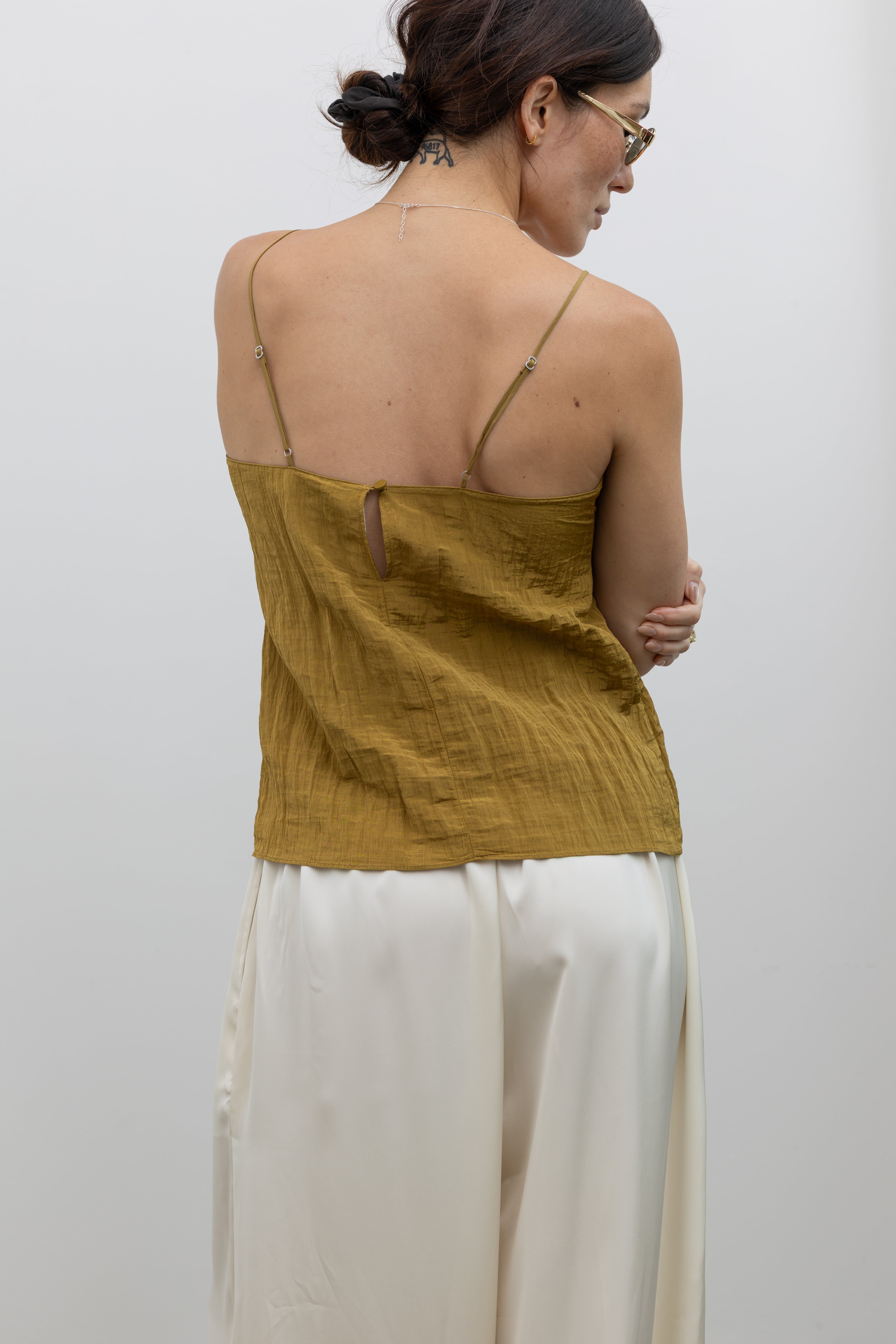 Tibi lightweight crinkle fabric cami with minimalist layered silhouette at Alas Eius