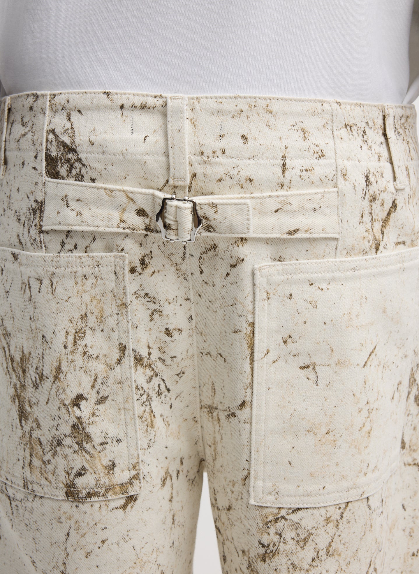 Tibi Designer Denim Jeans with Unique Tumbler Finish and Adjustable Back Belt at Alas Eius