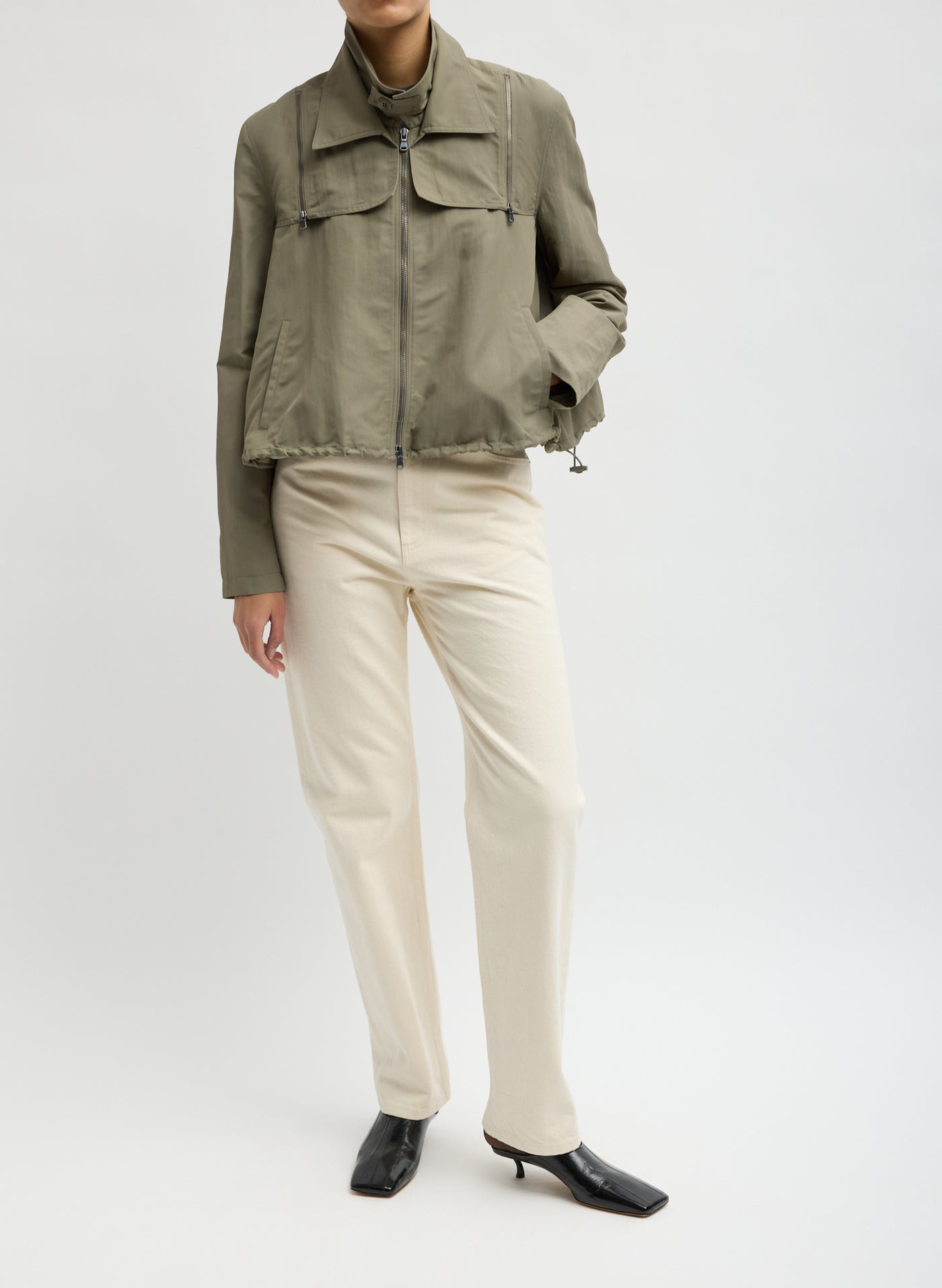 Tibi Fall/Winter 2026 Dark Hazelnut Techy Twill Anorak Bomber Front View at Alas Eius
