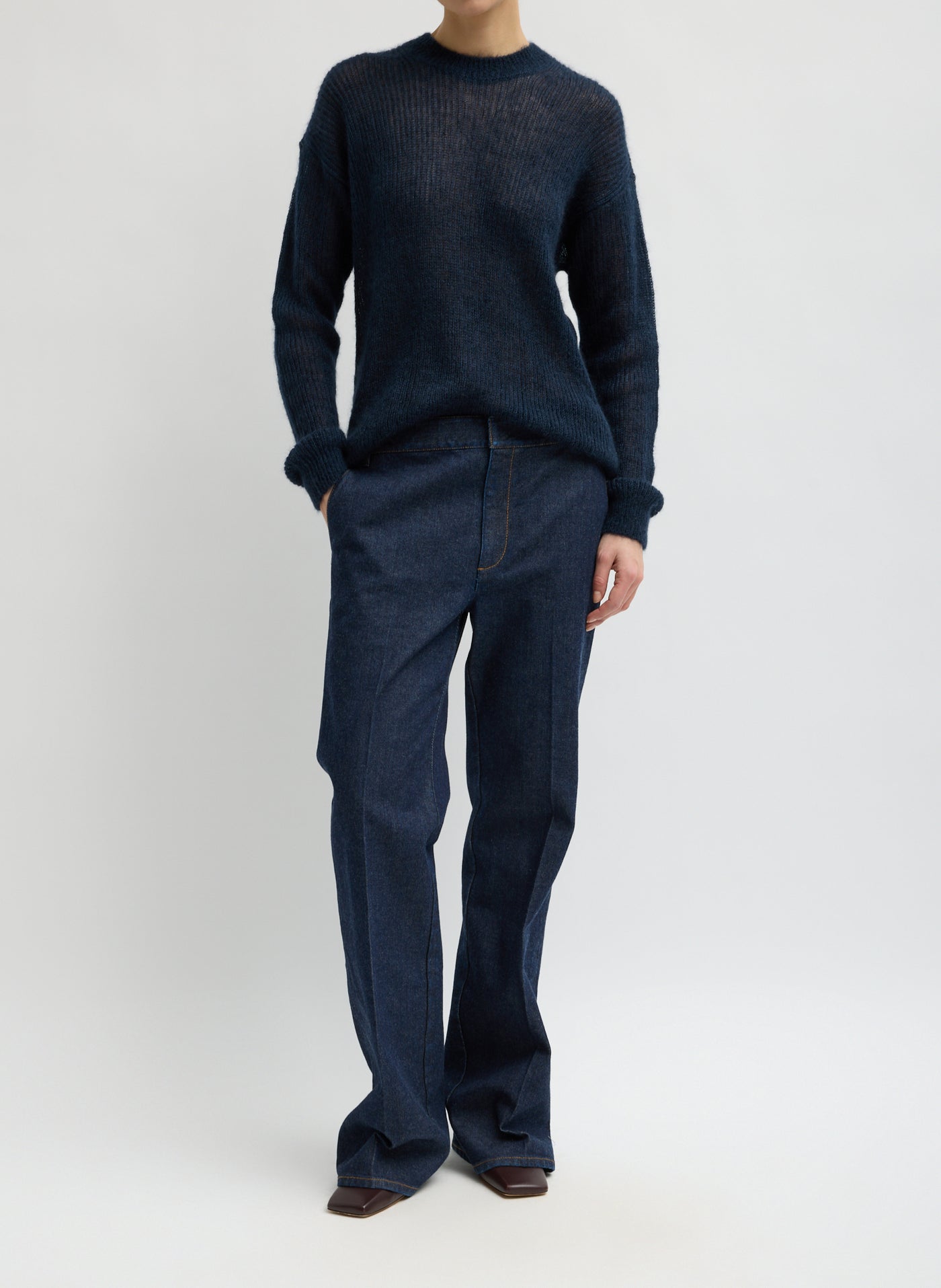 Tibi Japanese Denim Low-Rise Bootcut Jeans Styled for Dinner at Alas Eius