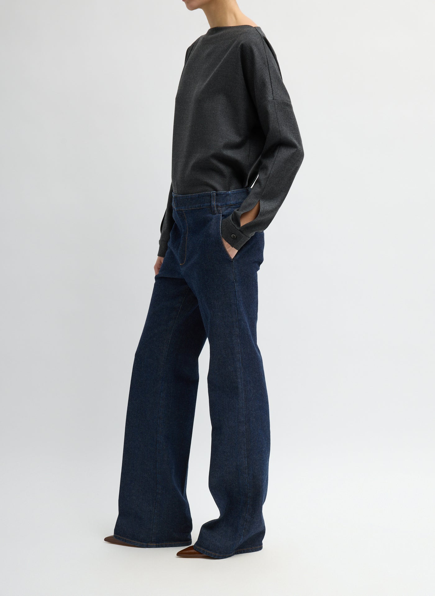 Tibi Japanese Denim Low-Rise Bootcut Jeans Front View at Alas Eius