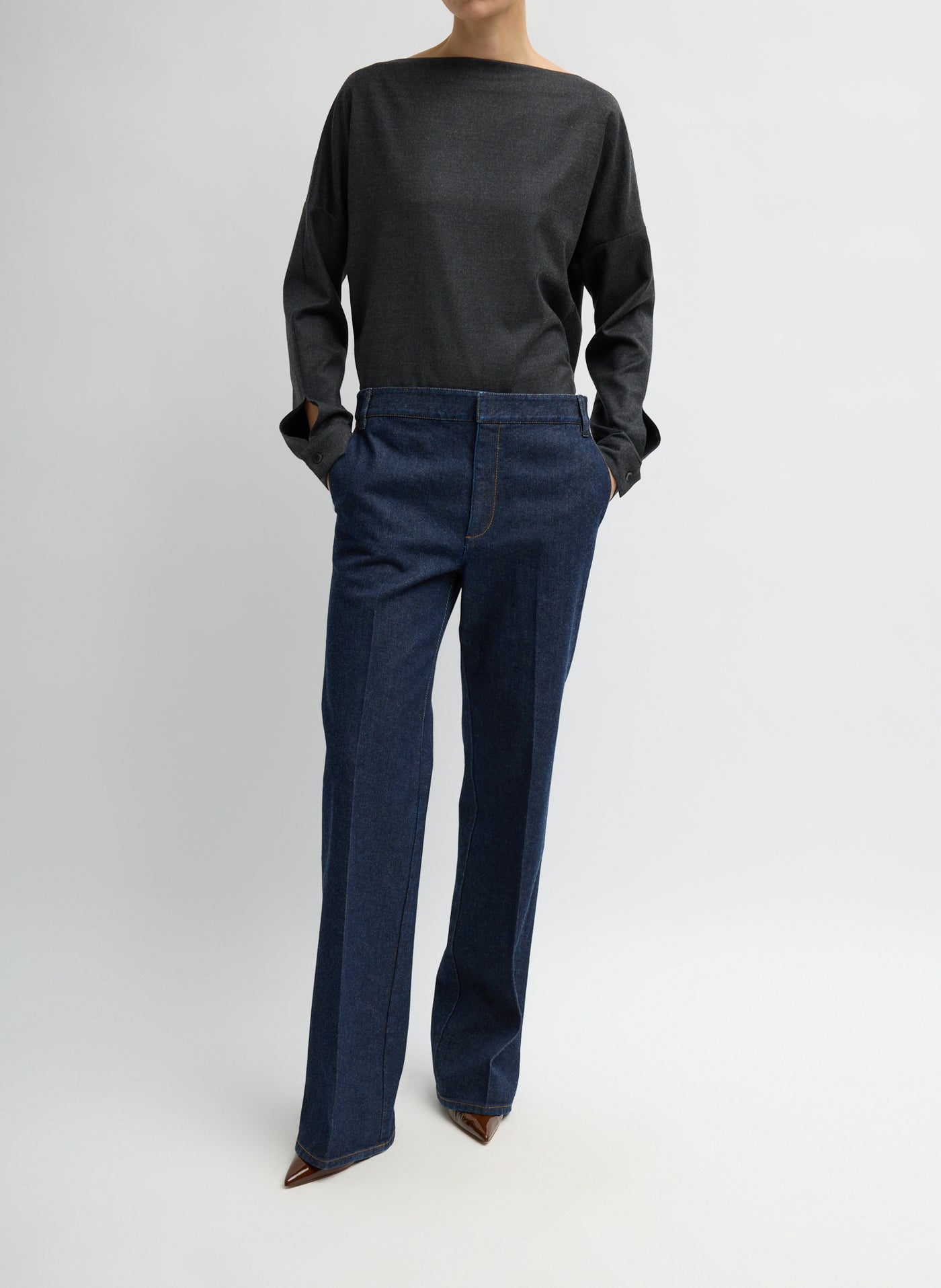 Tibi Japanese Denim Low-Rise Bootcut Jeans with Pressed Crease at Alas Eius