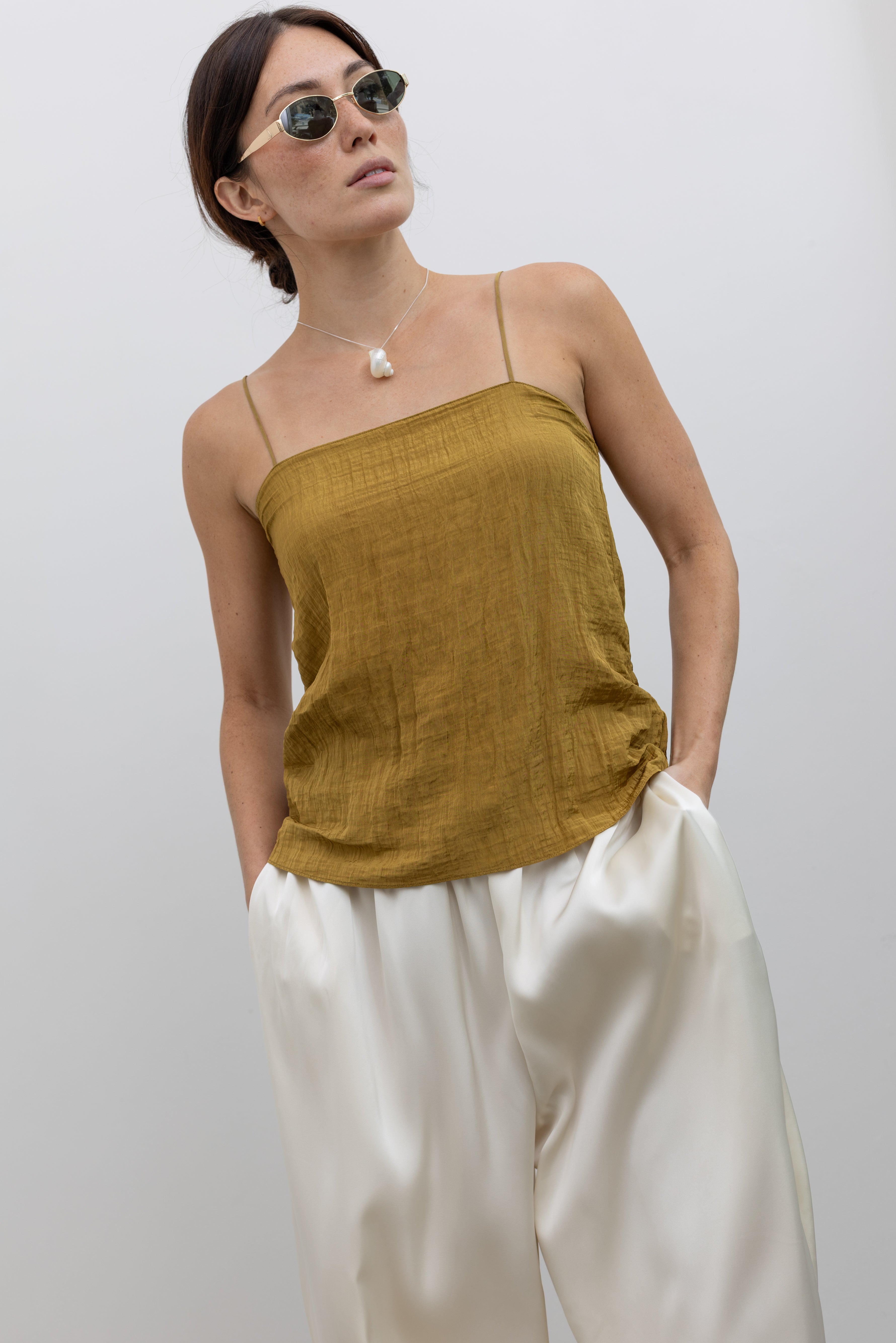 Tibi sleeveless marbleized cami top with adjustable straps and clean design at Alas Eius